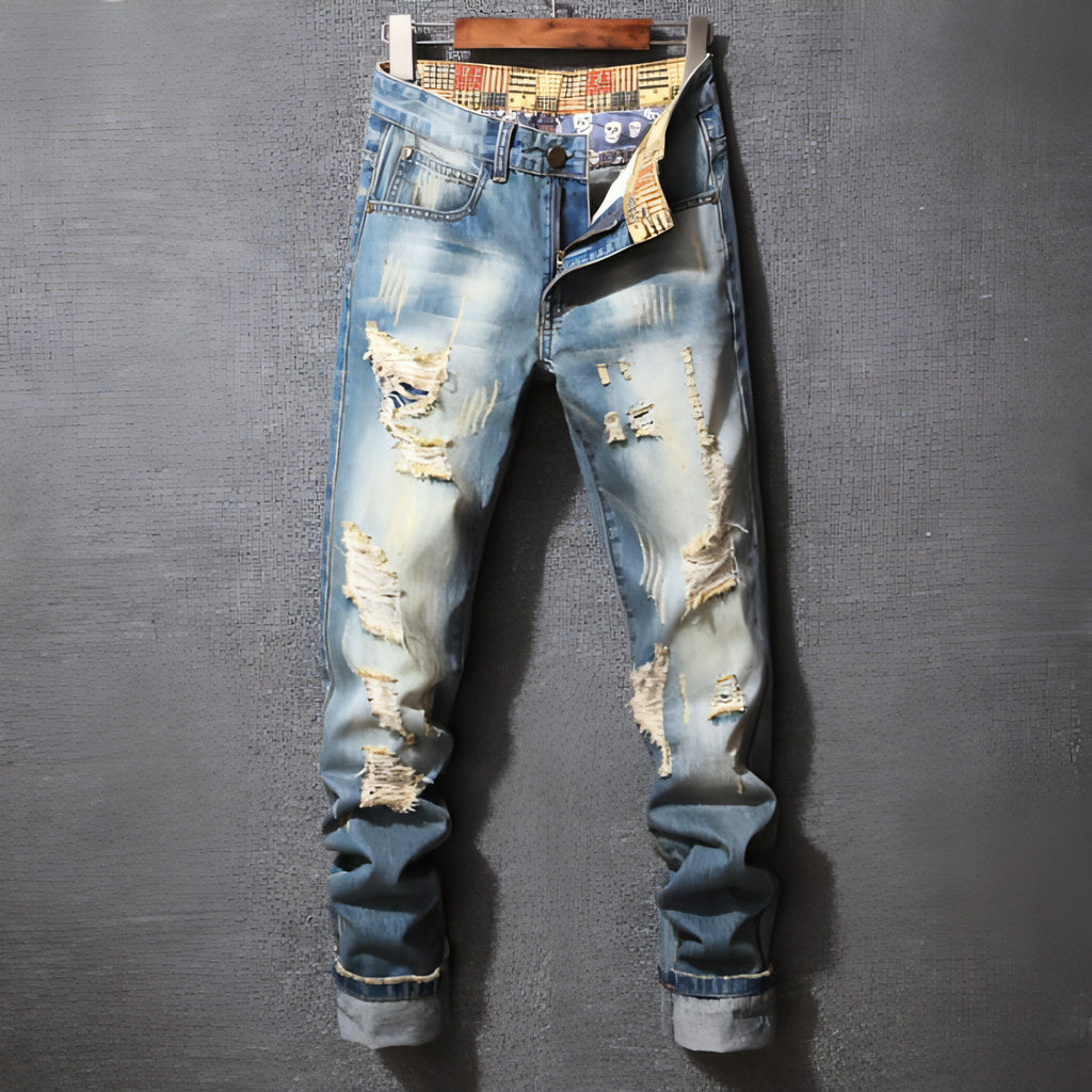 Pantalones vaqueros rasgados estilo Hong Kong estilo americano casual holgado para hombre