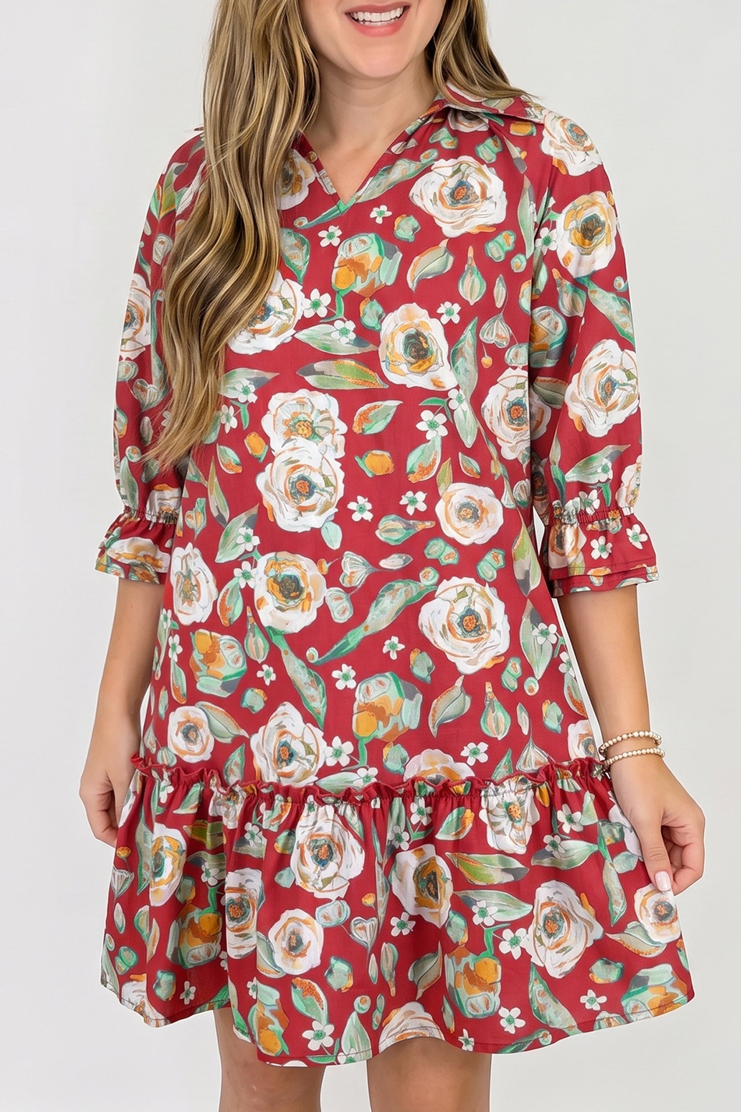 Red Floral Print Half Sleeve Short Shift Dress