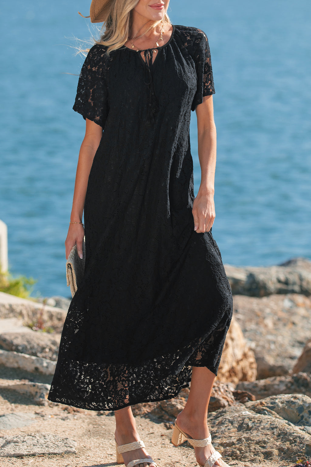 Black Floral Lace Overlay Tassel Tie Short Sleeve Beach Vacation Loose Maxi Dress