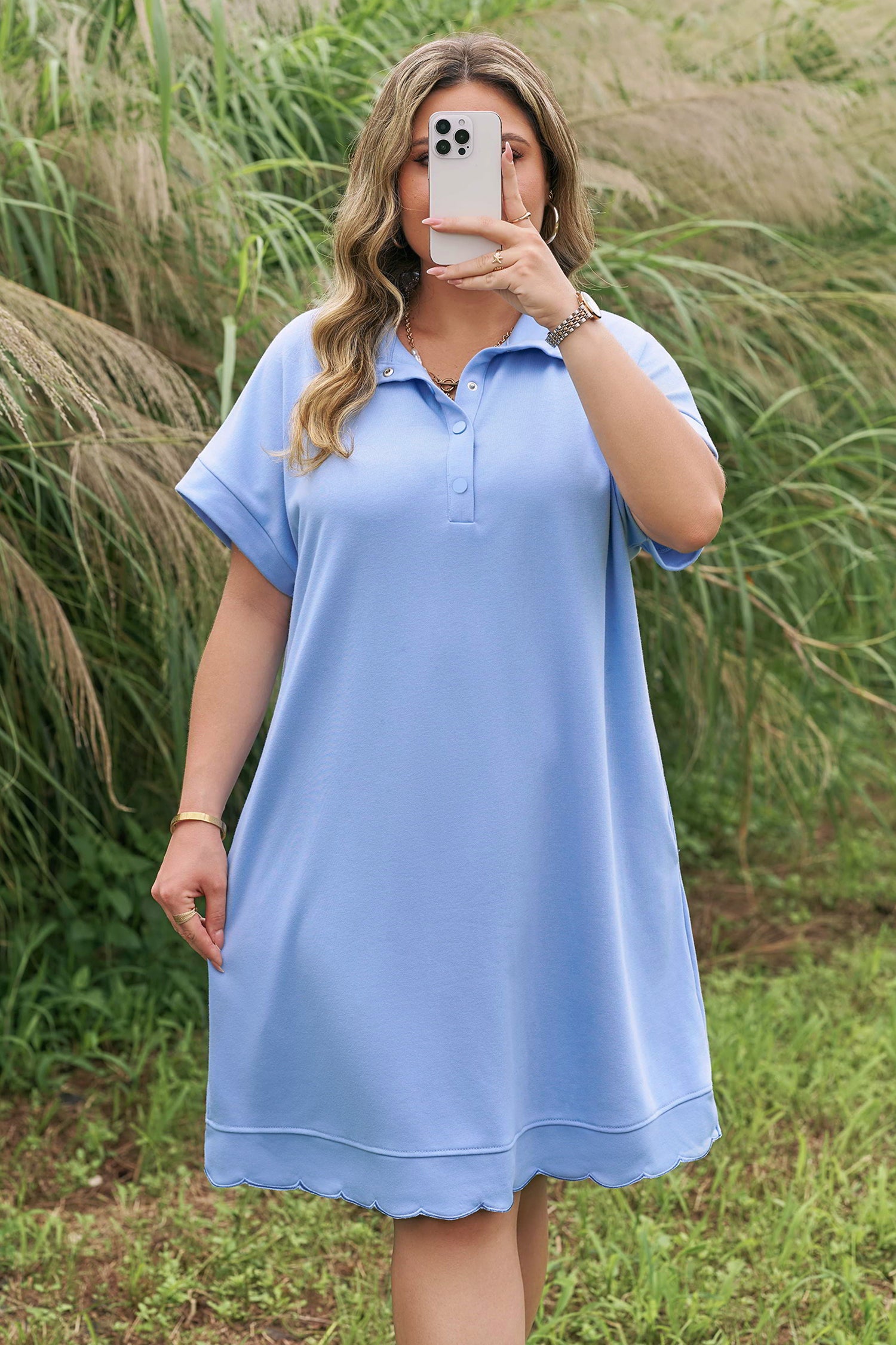 Beau Blue Plus Size Solid Scalloped Hem Button Neck Pullover Mini Dress