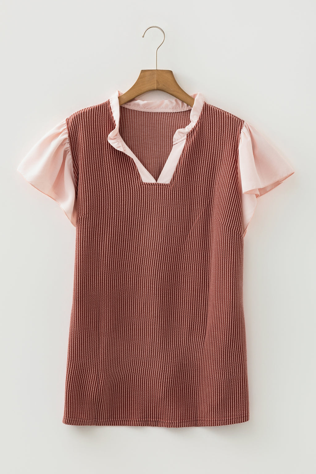 Fushia Plus Size Contrast Frilled Neckline Ruffled Short Sleeve Ribbed Textured Blouse