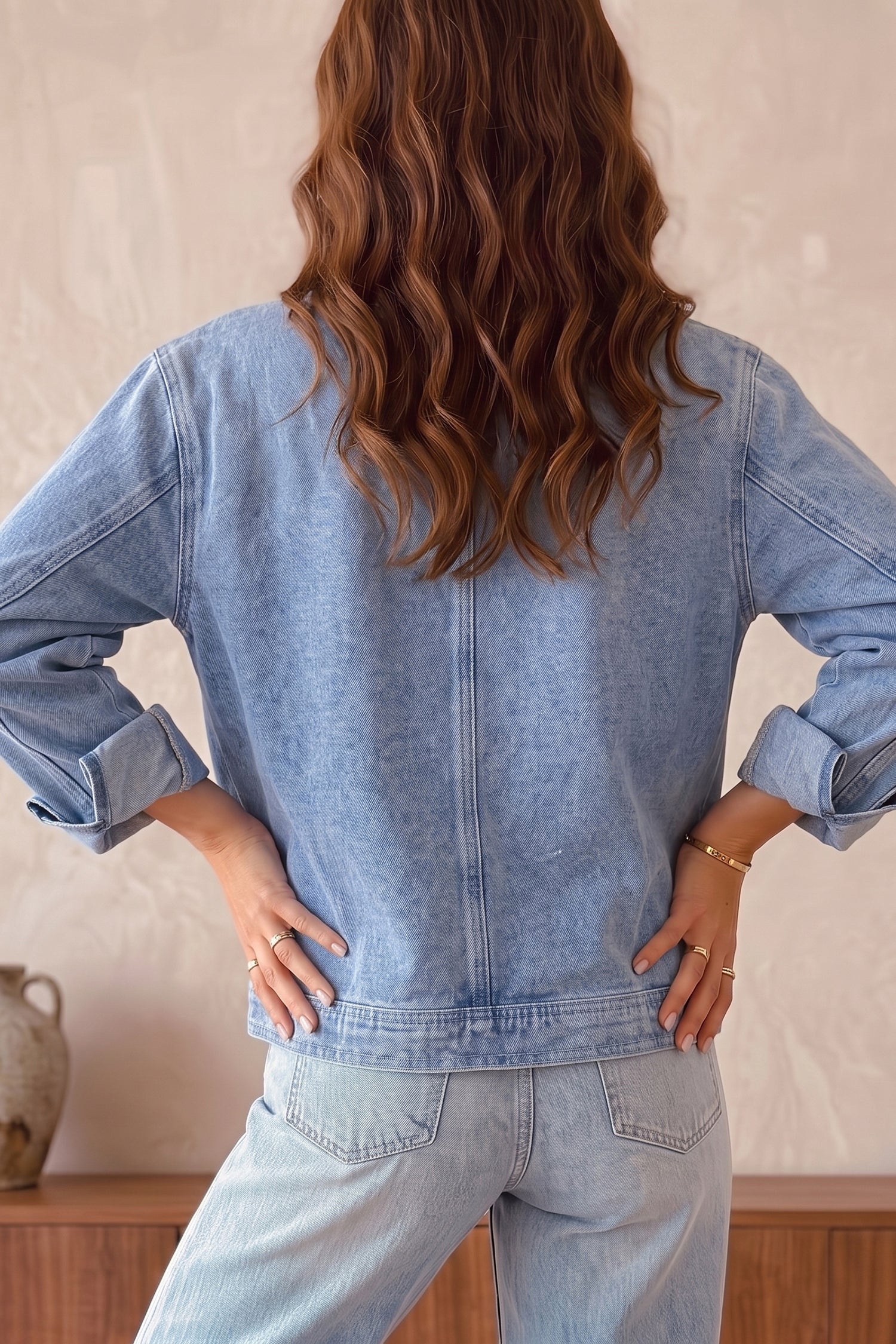 Beau Blue Studded Metal Zipper Rivet Pockets Long Sleeve Denim Jacket
