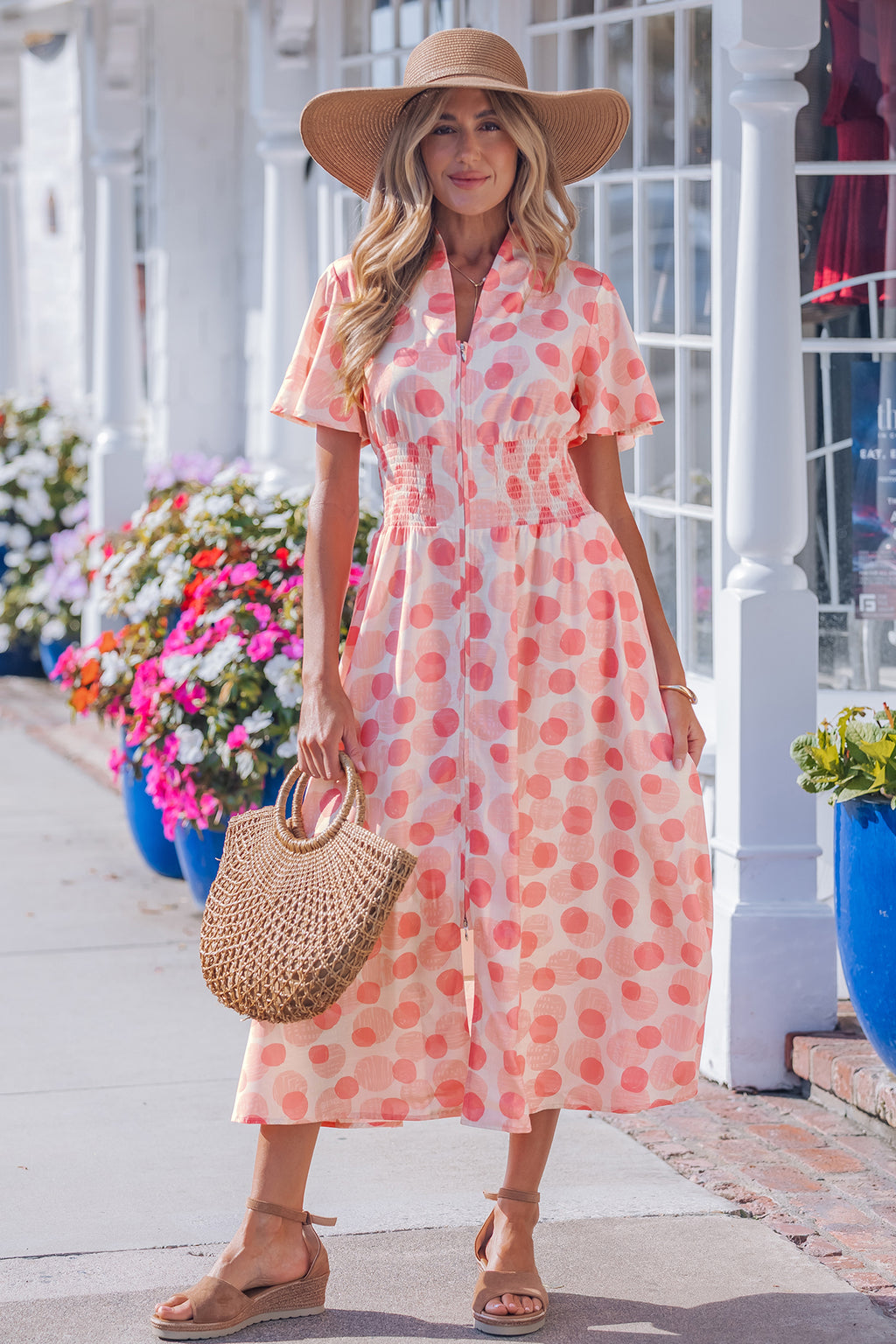 Pink Polka Dot Printed Ruffle Short Sleeve Zip Up Long Dress