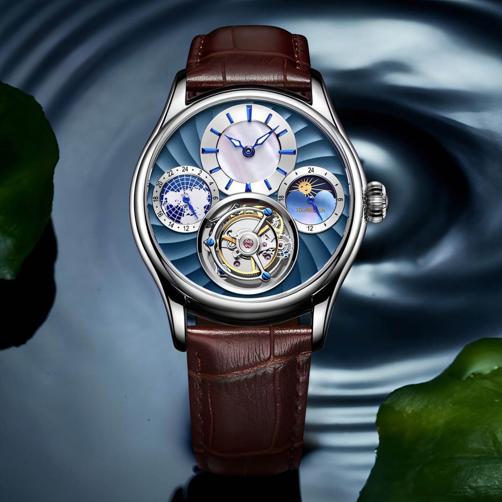 Relógio mecânico de negócios masculino automático Tourbillon Hollow
