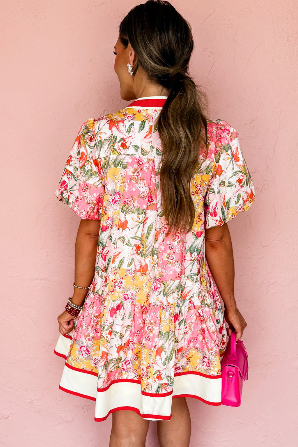 Pink Color Block Floral Print Contrast Trim V Neck Ruffle Hem Mini Dress