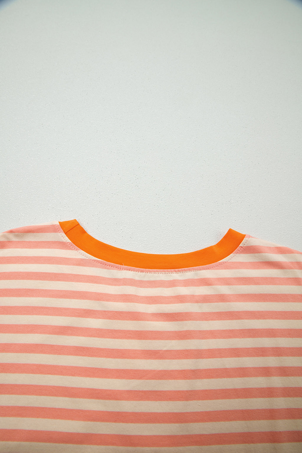 Pink Stripe Drop Shoulder T Shirt and Shorts Plus Size Summer Set