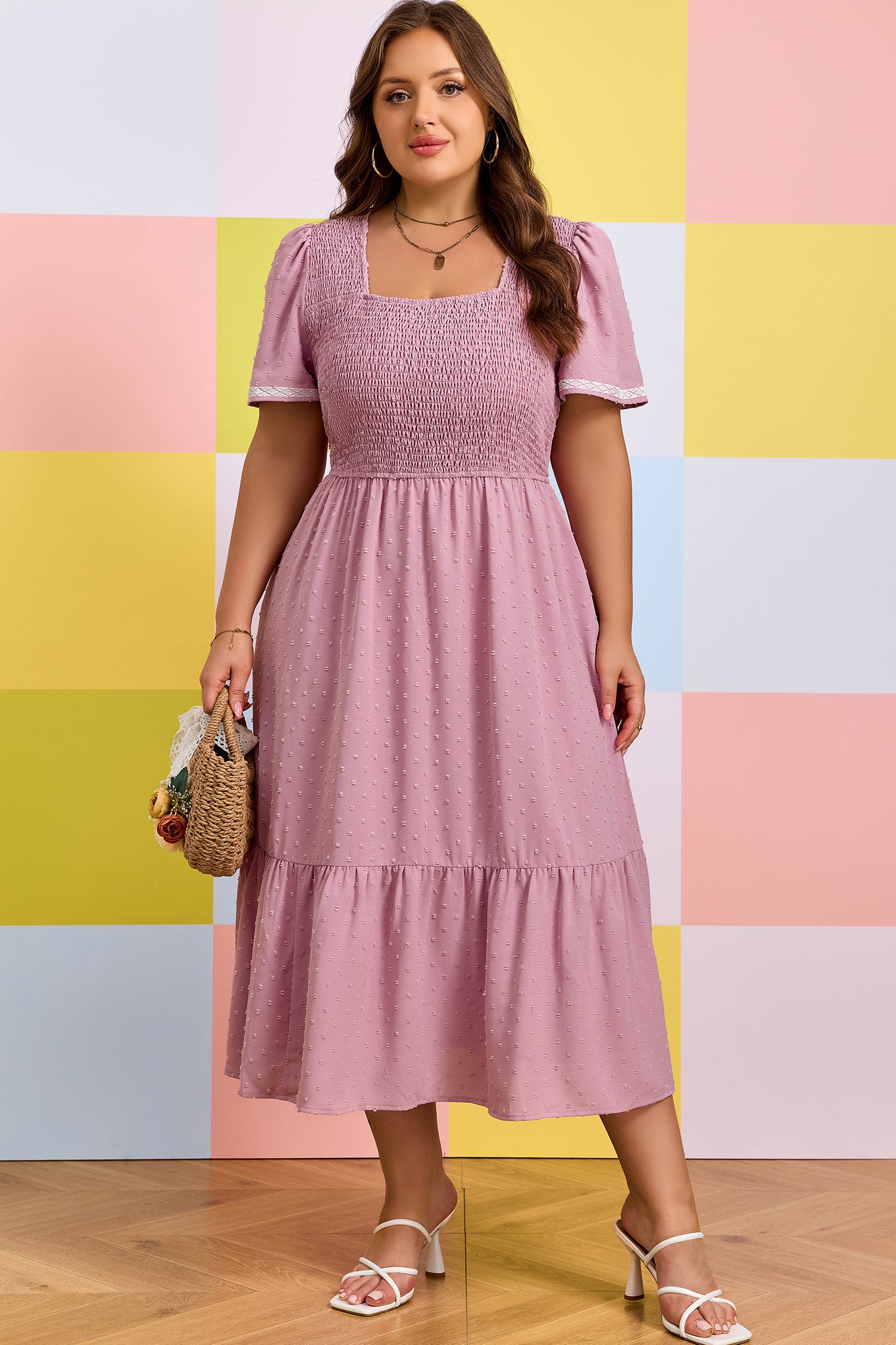 Pink Plus Size Swiss Dot Short Sleeve Smocked High Waist Flowy Midi Dress