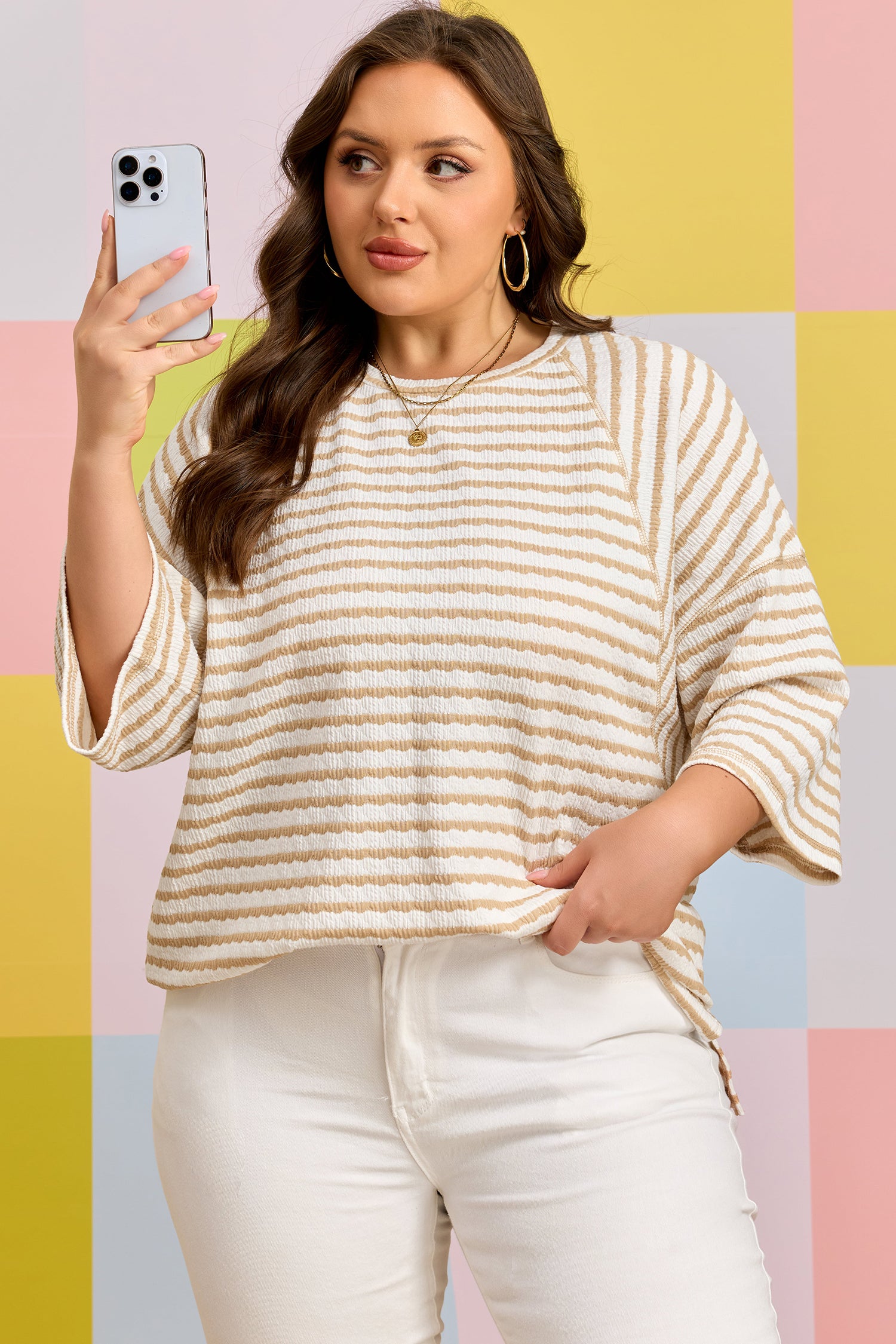 Apricot Stripe Plus Size Textured Patchwork Detail Half Sleeve Top