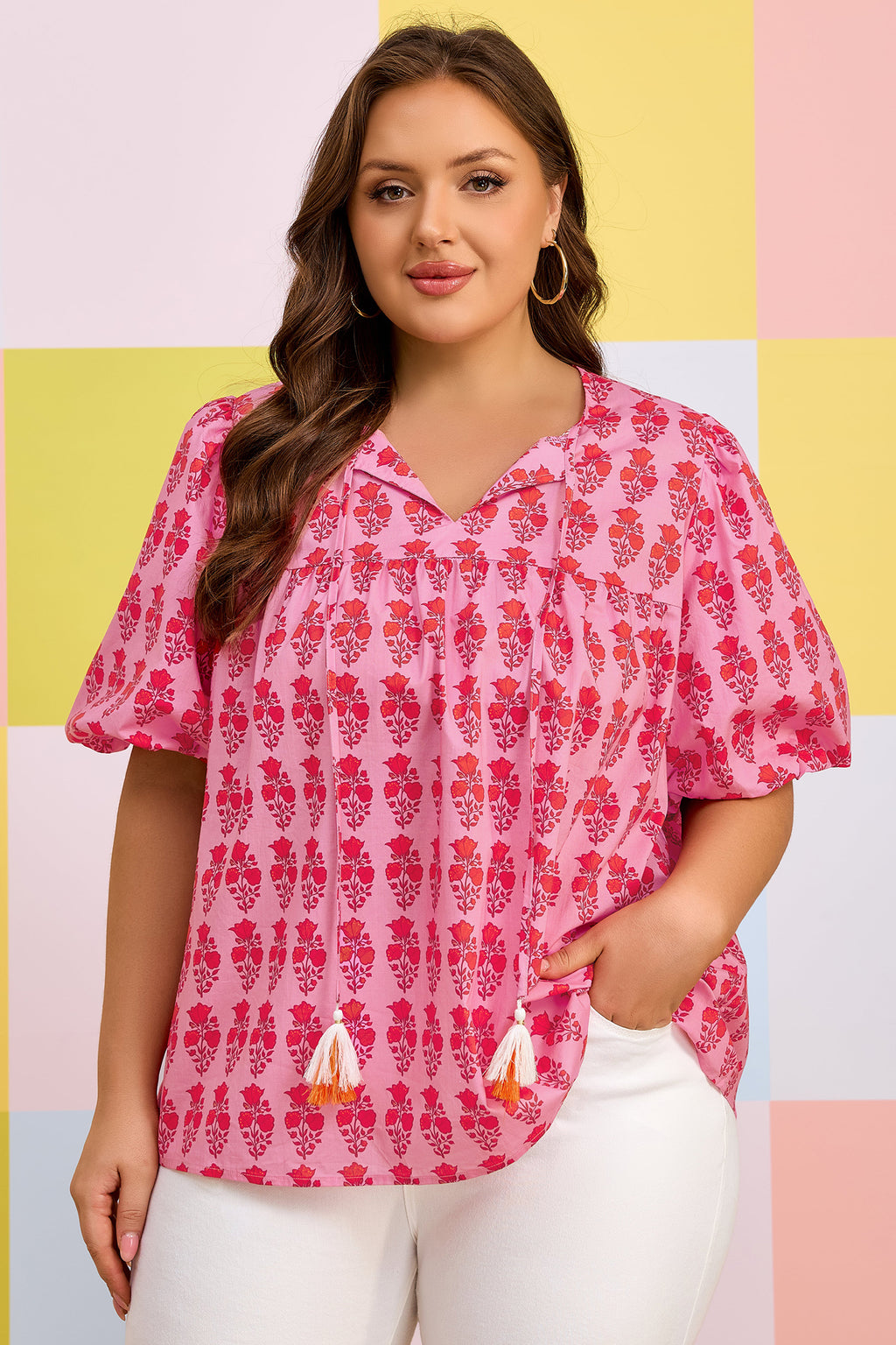 Pink Plus Size Floral Print Tassel Tie Puff Sleeve Cotton Blouse