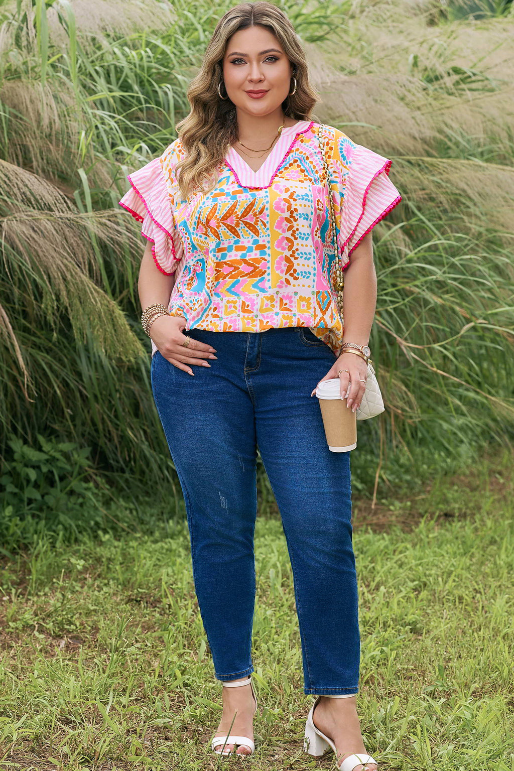Rose Plus Size Geometric Print Contrast Trim Striped V Neck Blouse