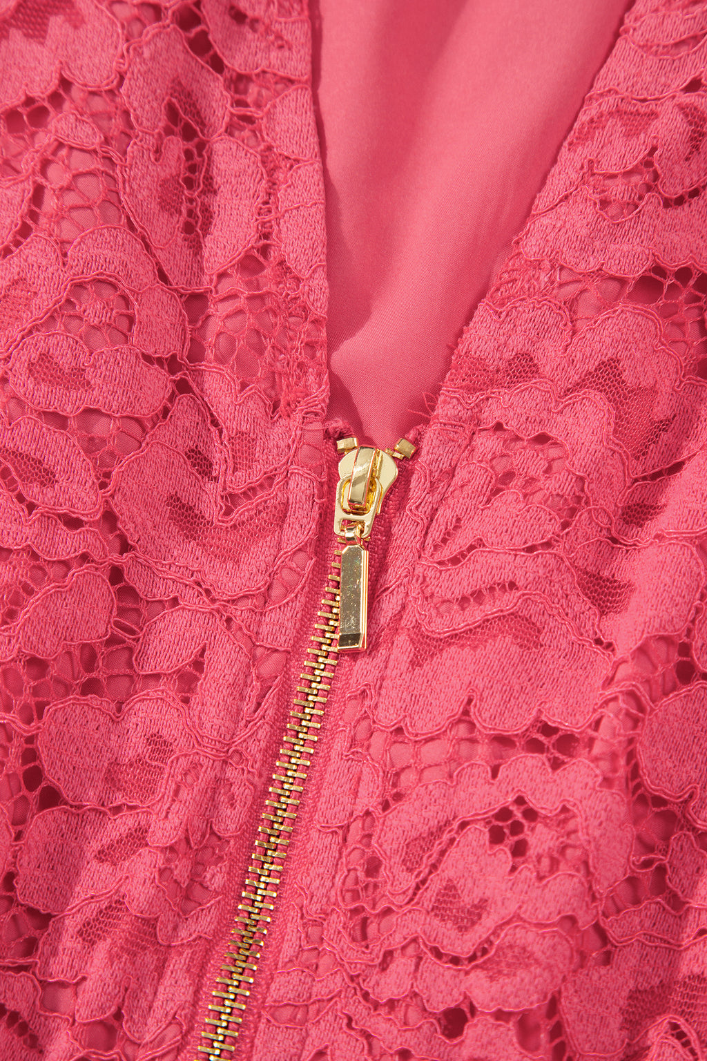 Coral Floral Lace Overlay Zip Up V Neck Smocked Waist Sleeveless Dress
