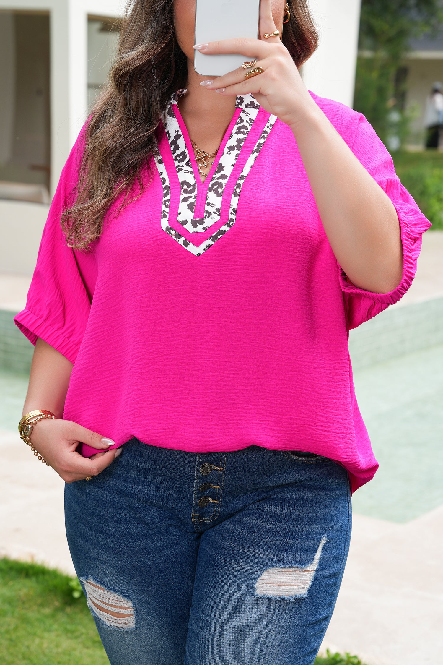 Rose Red Leopard Accent Notched Neck Plus Size Short Sleeve Top