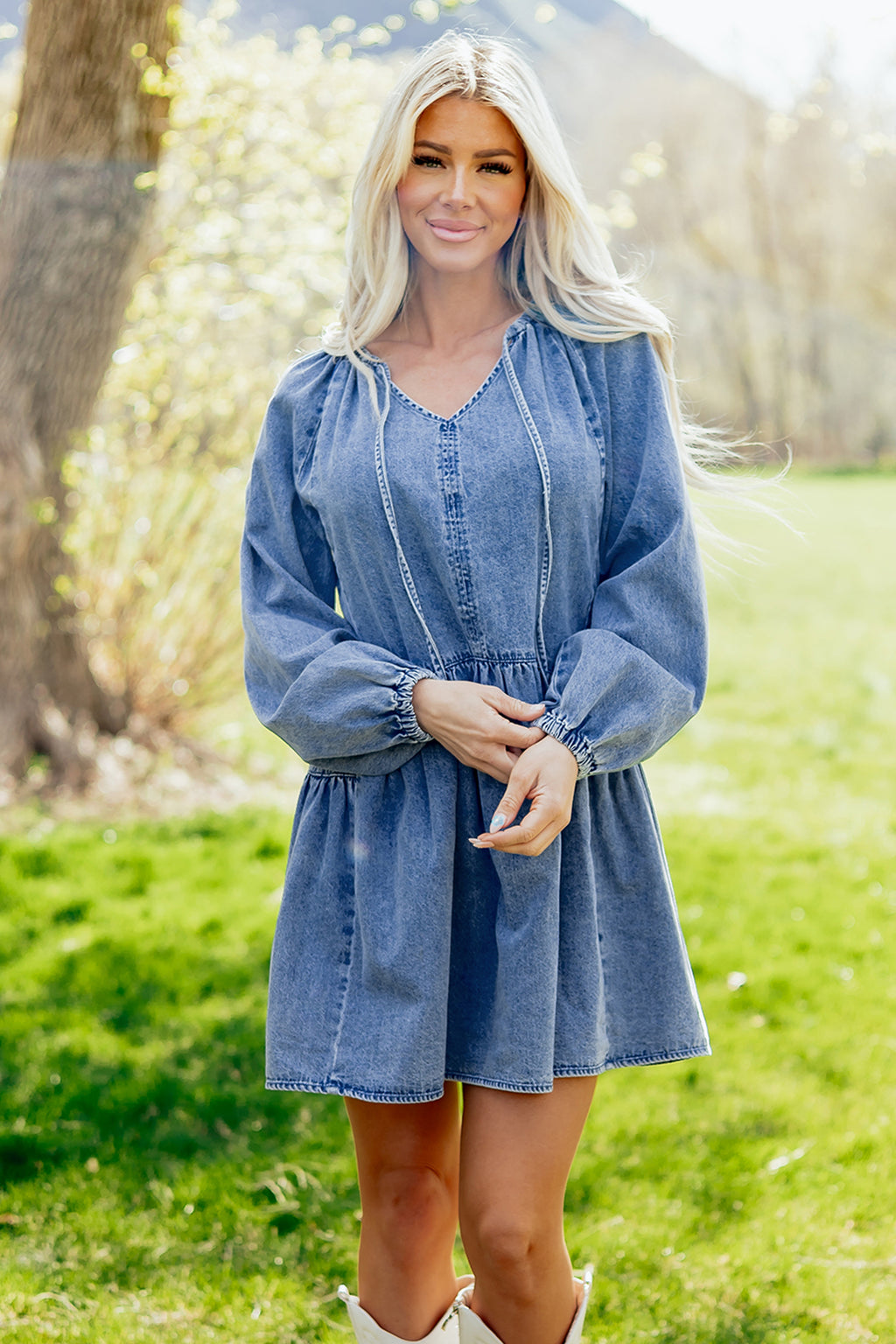 Myosotis Puff Sleeve V Neck Ruffled Loose Denim Mini Dress