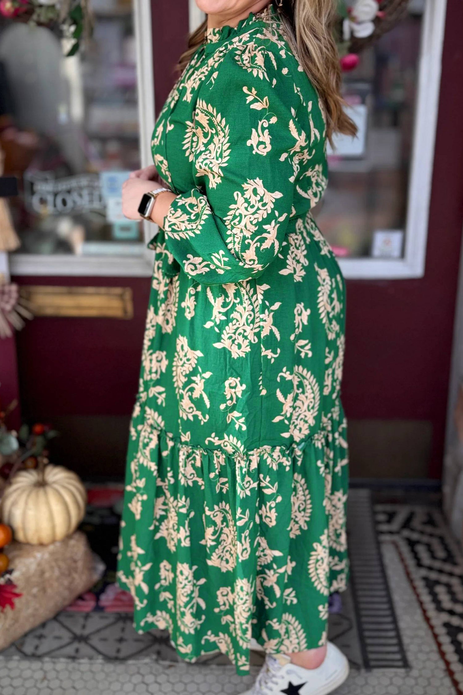 Green Floral Print V Neck Shift Dress Plus Size Dress