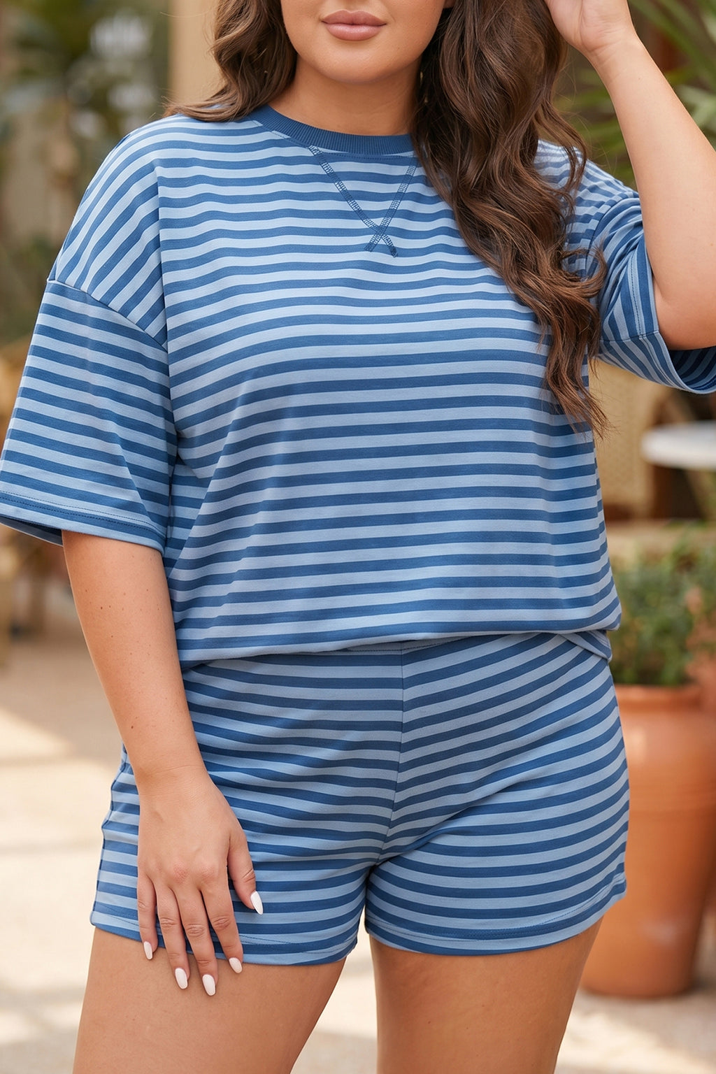 Blue Stripe Plus Size Dropped Shoulder Tee and Shorts Two-Piece Set