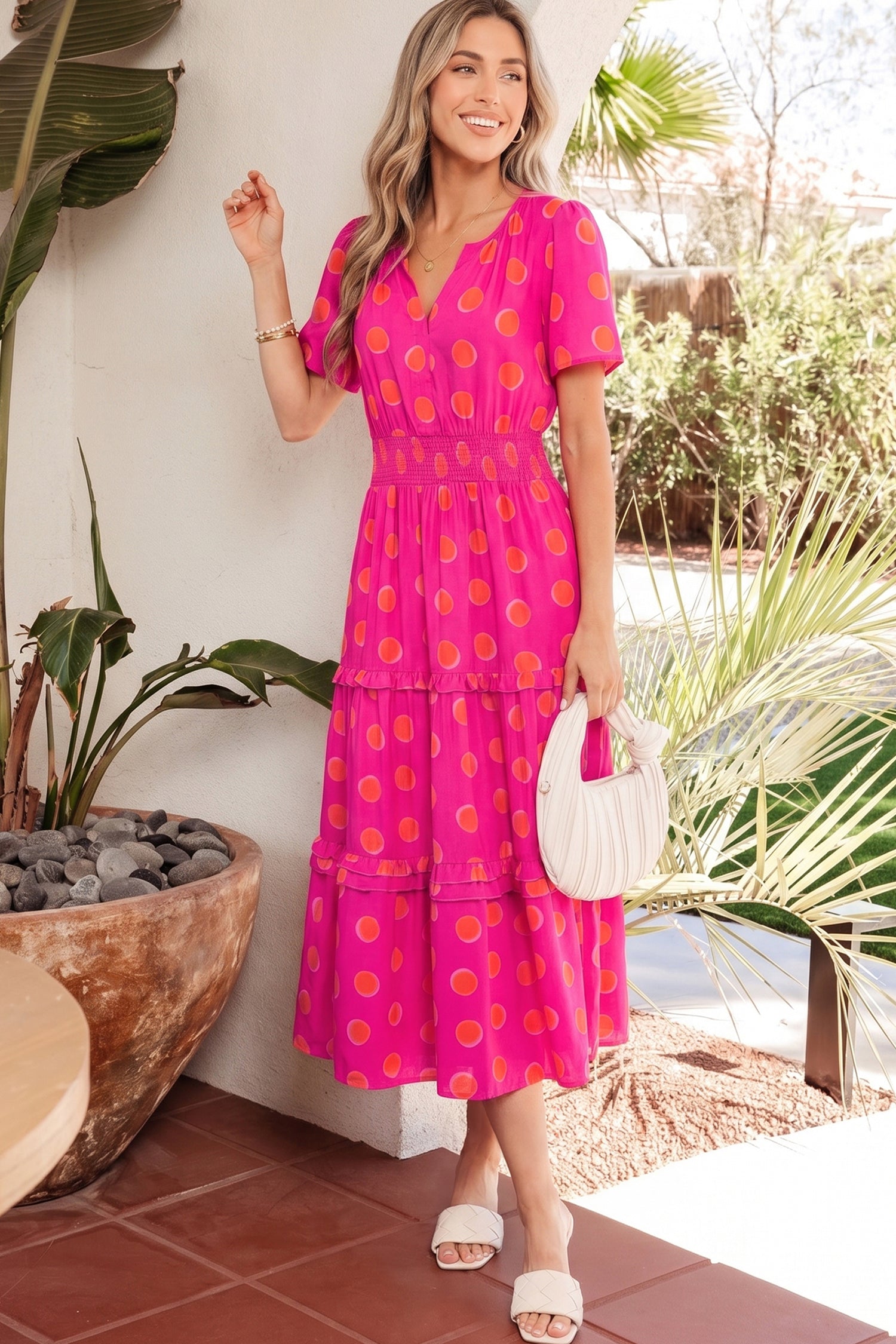 Rose Double Polka Dot Short Sleeve Shirred High Waist Midi Dress