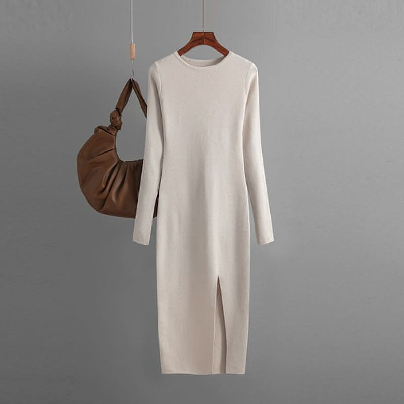 Vestido de cuello redondo sin espalda de punto de manga larga de otoño e invierno
