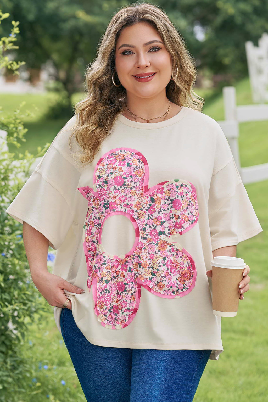 Jet Stream Big Flower Patched Plus Size Tunic T-Shirt