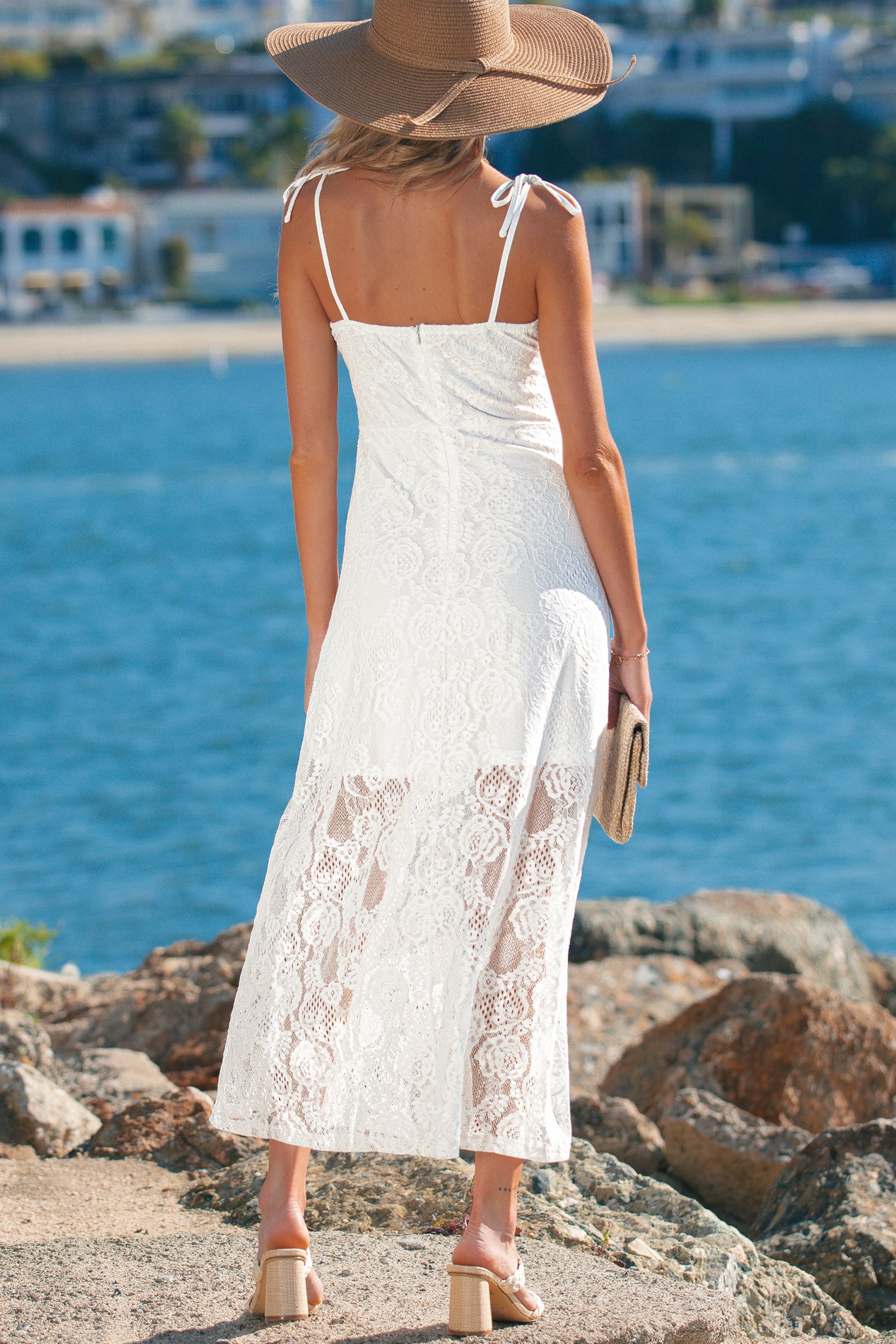 White Tie Spaghetti Straps Floral Lace Overlay Long Dress