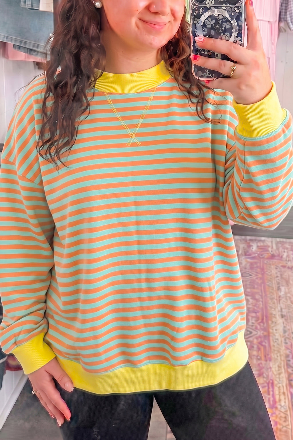 Orange Stripe High Neck Striped Colorblock Tunic Plus Size Sweatshirt