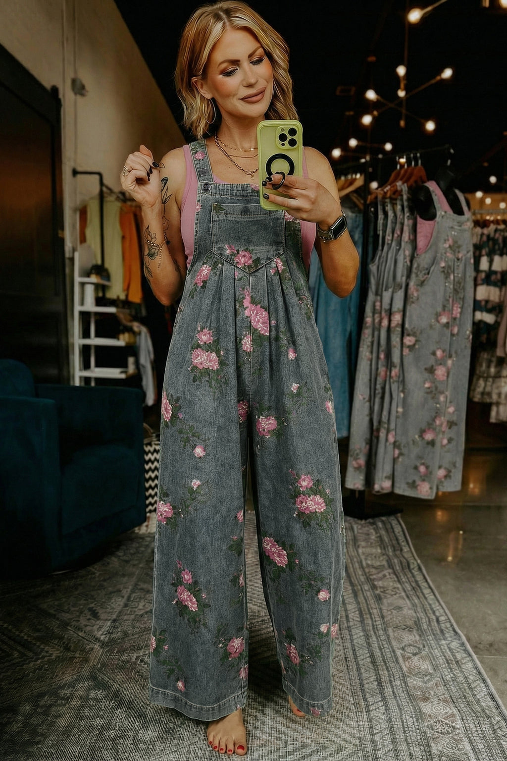 Beau Blue Floral Print Pleated High Waist Wide Leg Denim Jumpsuit