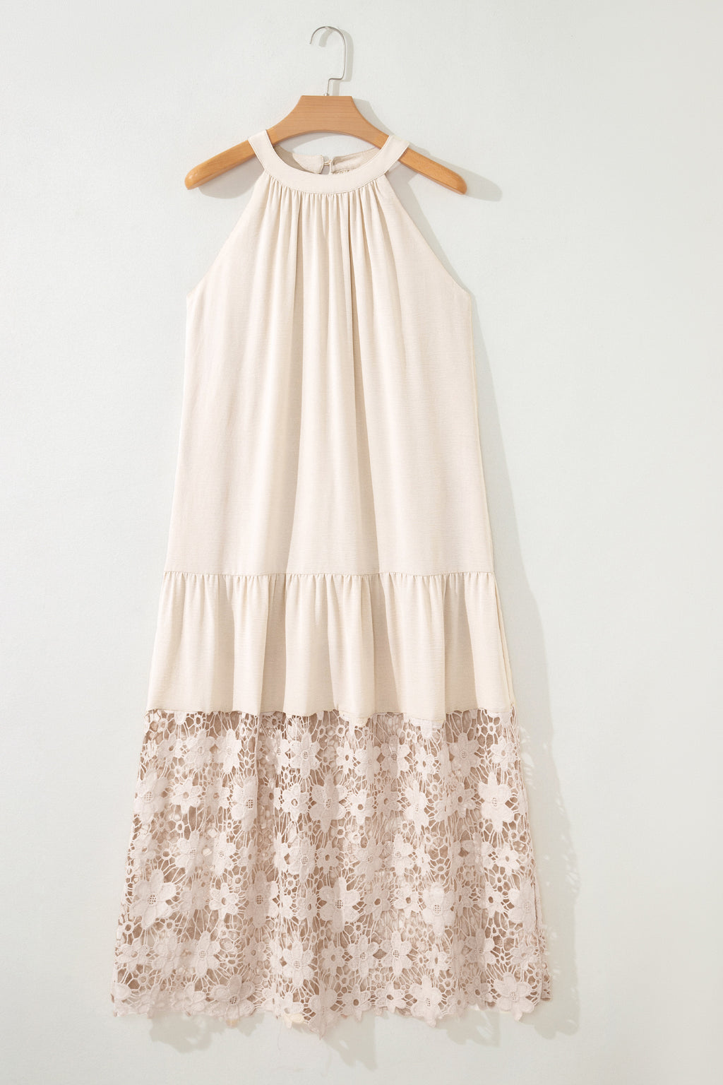 Beige Sheer Hollowed Floral Lace Hem Patchwork Loose Halter Summer Dress