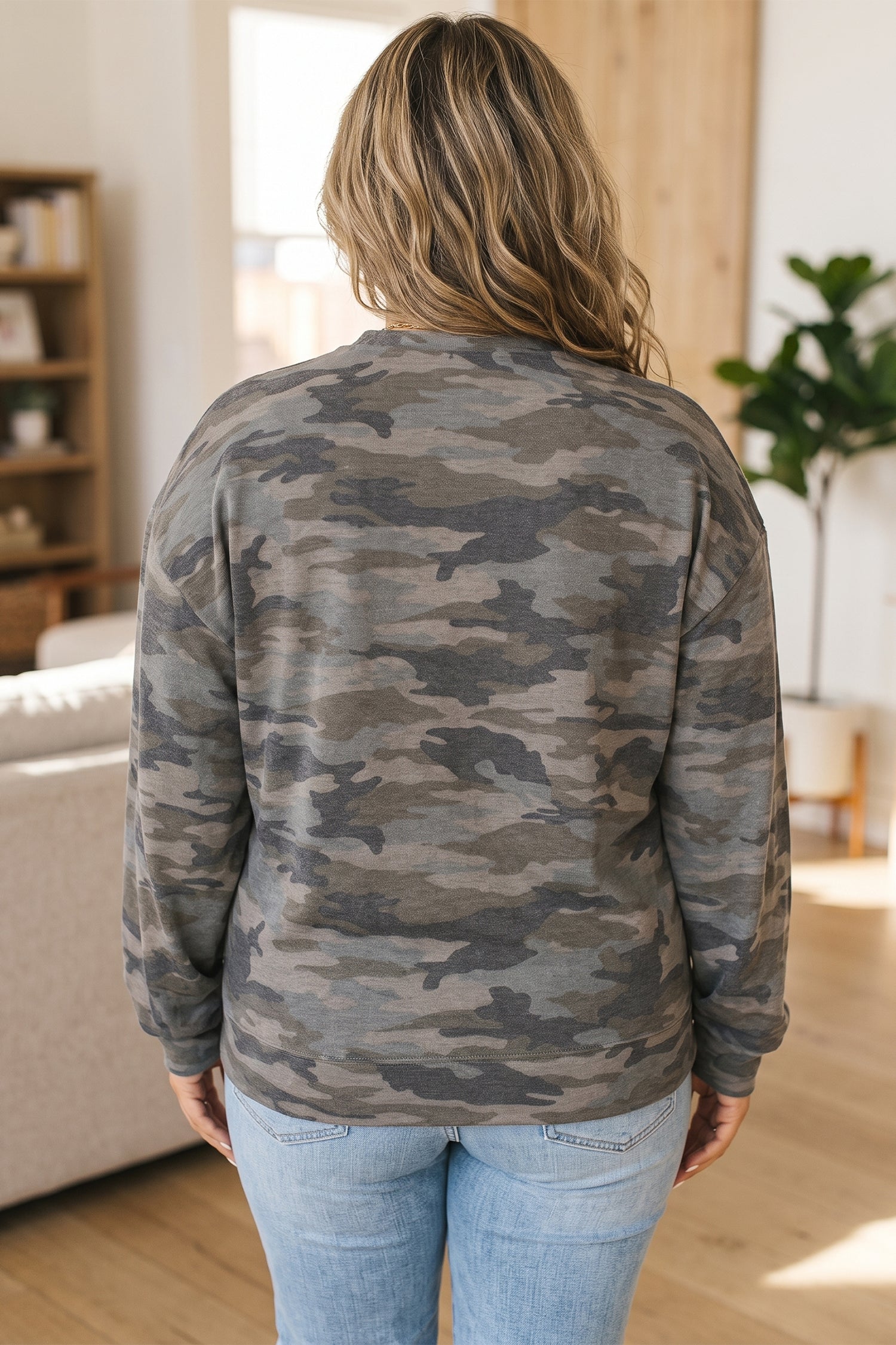 Green Camo Print Long Sleeve Plus Size Blouse