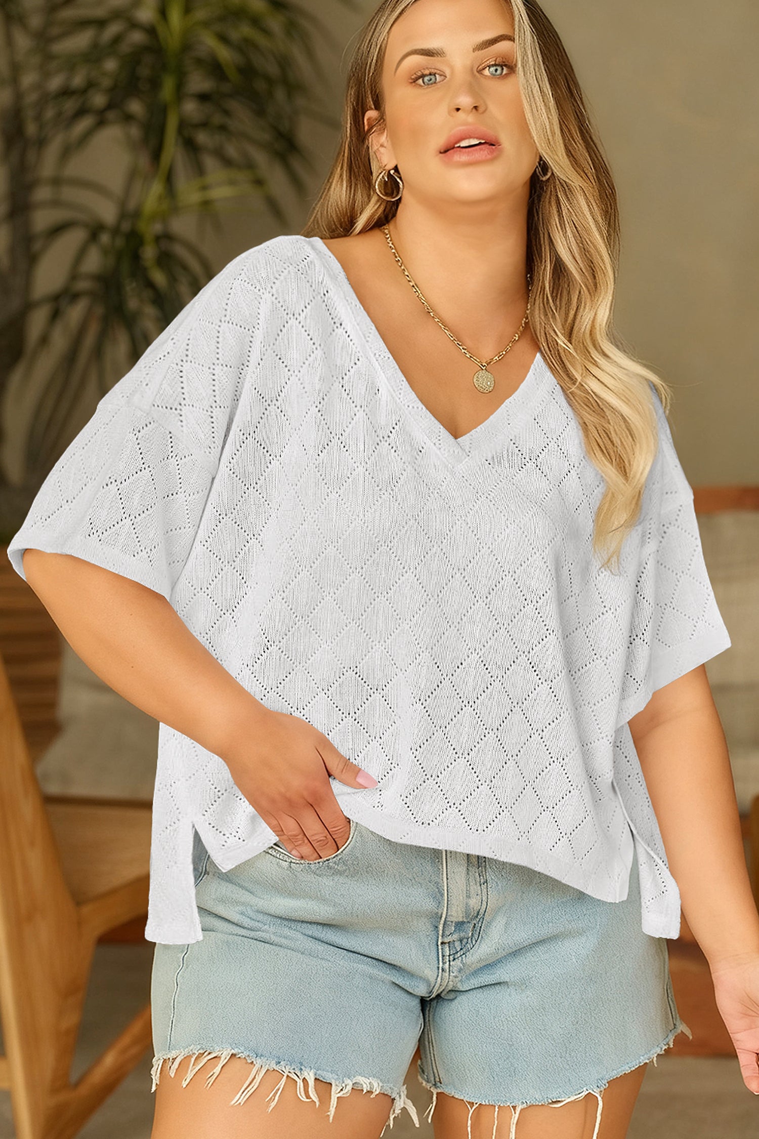 Golden Fleece Pointelle Rhombus Knit Plus Size V Neck Loose Top