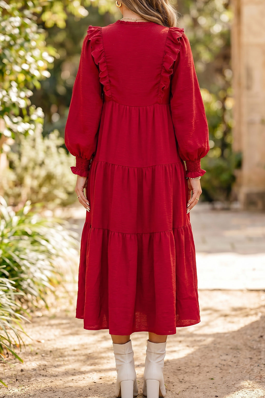 Racing Red Solid Color Ruffle Trim Long Sleeve Tiered Shift Midi Dress