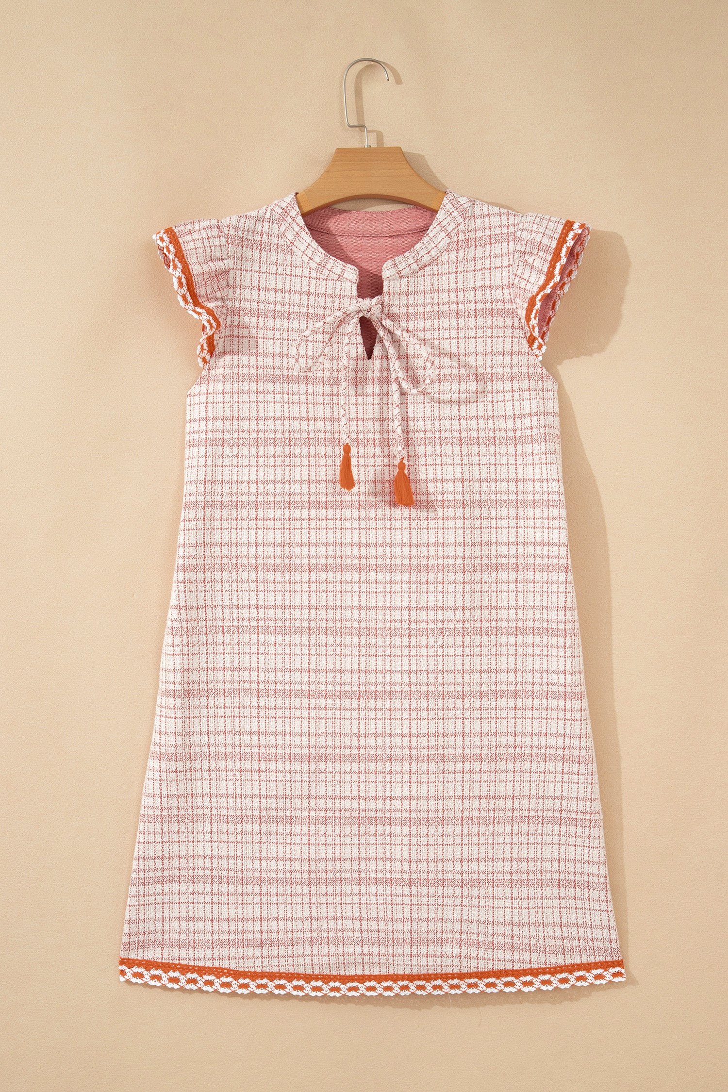 White Jacquard Textured Contrast Trim Short Sleeve Tassel Tie Shift Dress