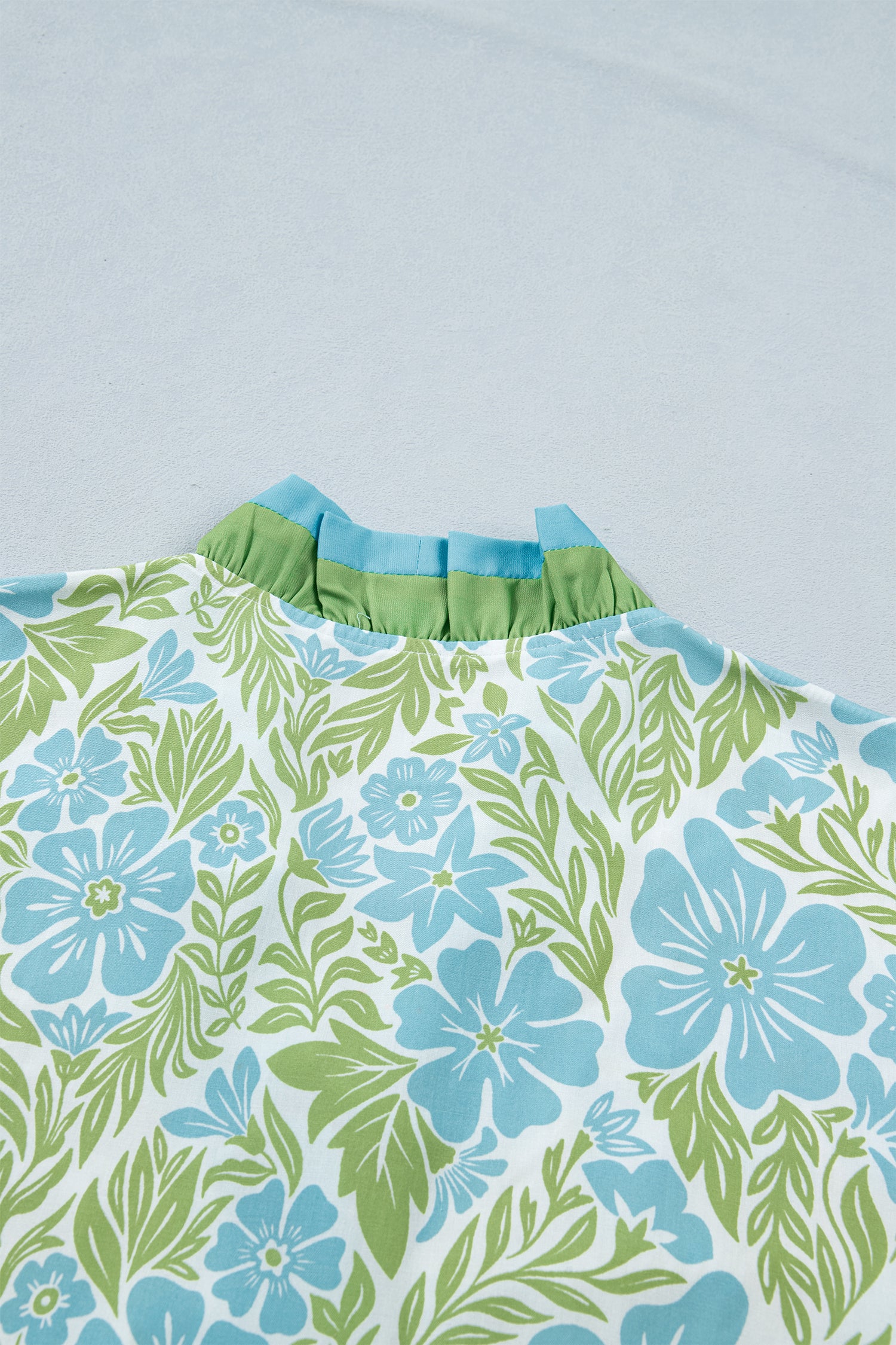 Sky Blue Botanical Floral Print Frilled Trim V Neck Button Front Loose Dress