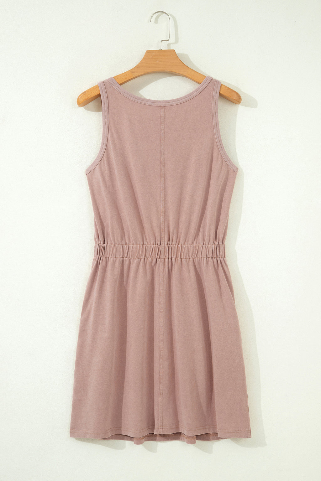 Smoke Gray Mineral Wash U Neck Elastic Waist Sleeveless Mini Dress