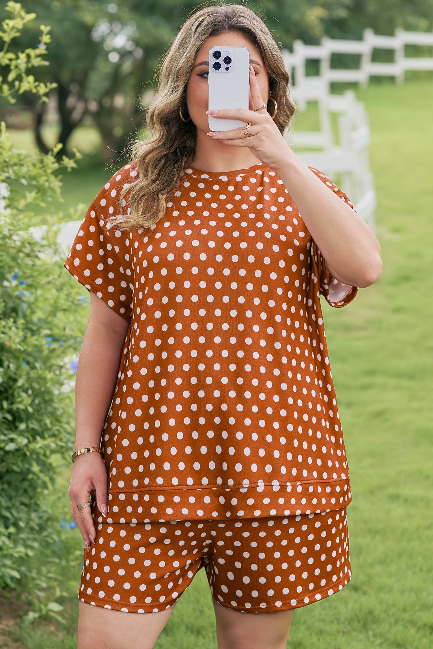 Brown Polka Dot Print Dropped Shoulder Tee Plus Size Short Set