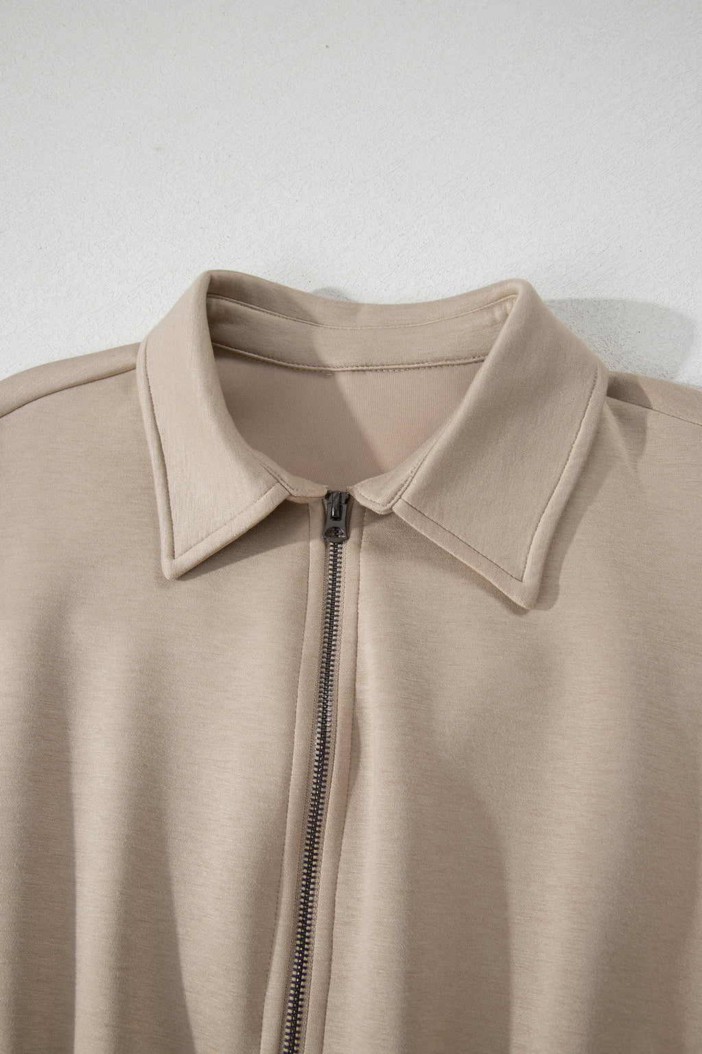 Dark Khaki Solid Color Zip Front Short Sleeve Collared Jumpsuit
