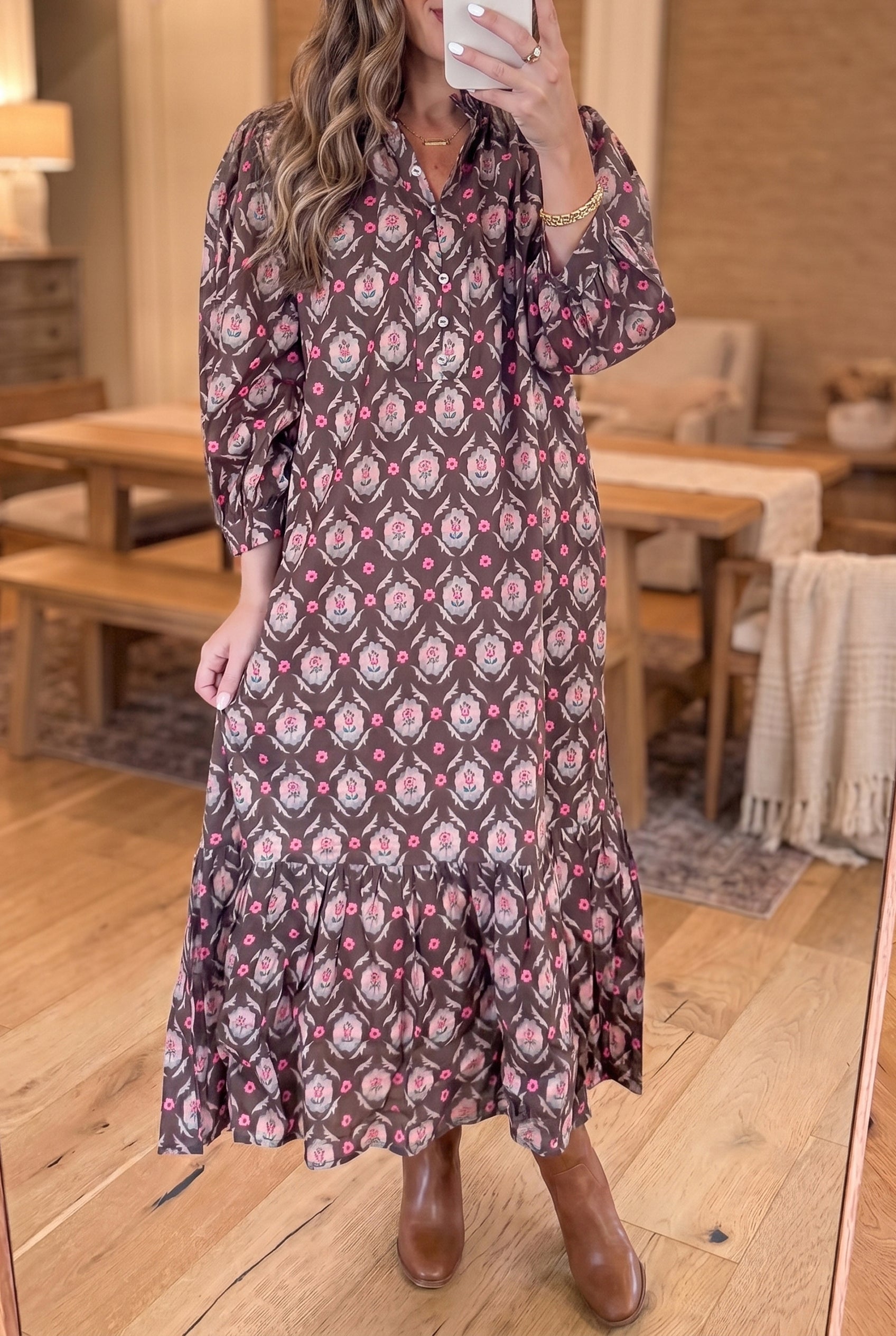 Brown Floral Print Button Front Ruffle Hem Midi Dress