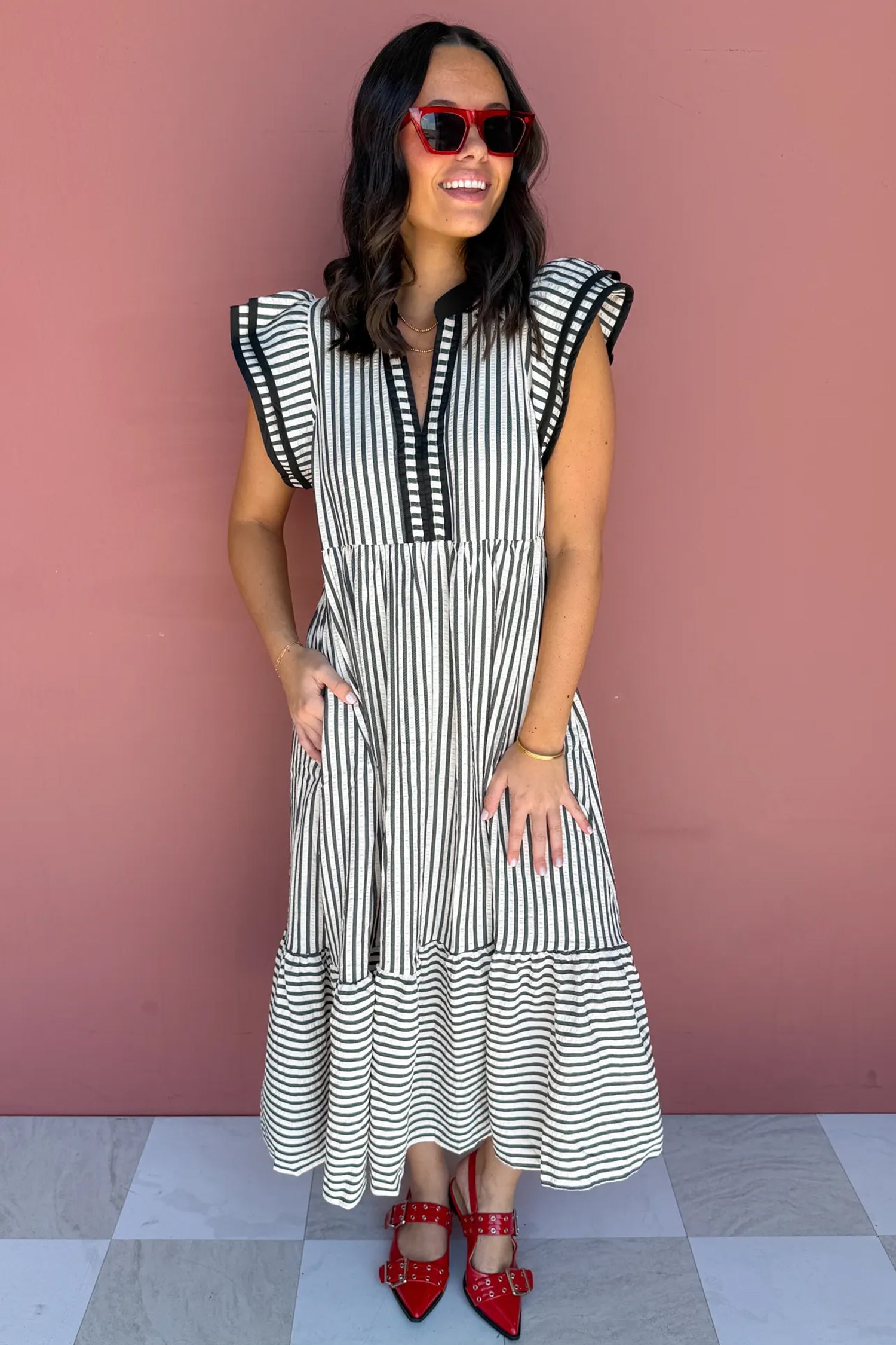 Brown Stripe Plus Size Slit V Neck Tiered Flutter Sleeve Maxi Dress