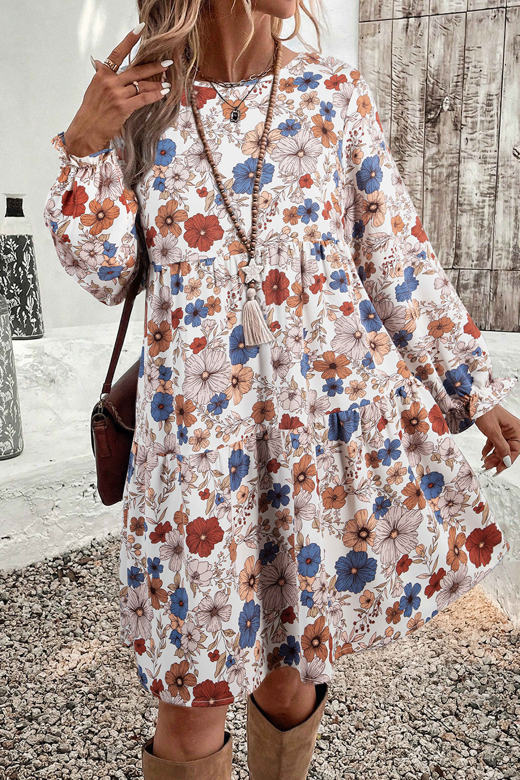 Khaki Tiered Floral Round Neck Ruffled Long Sleeve Dress