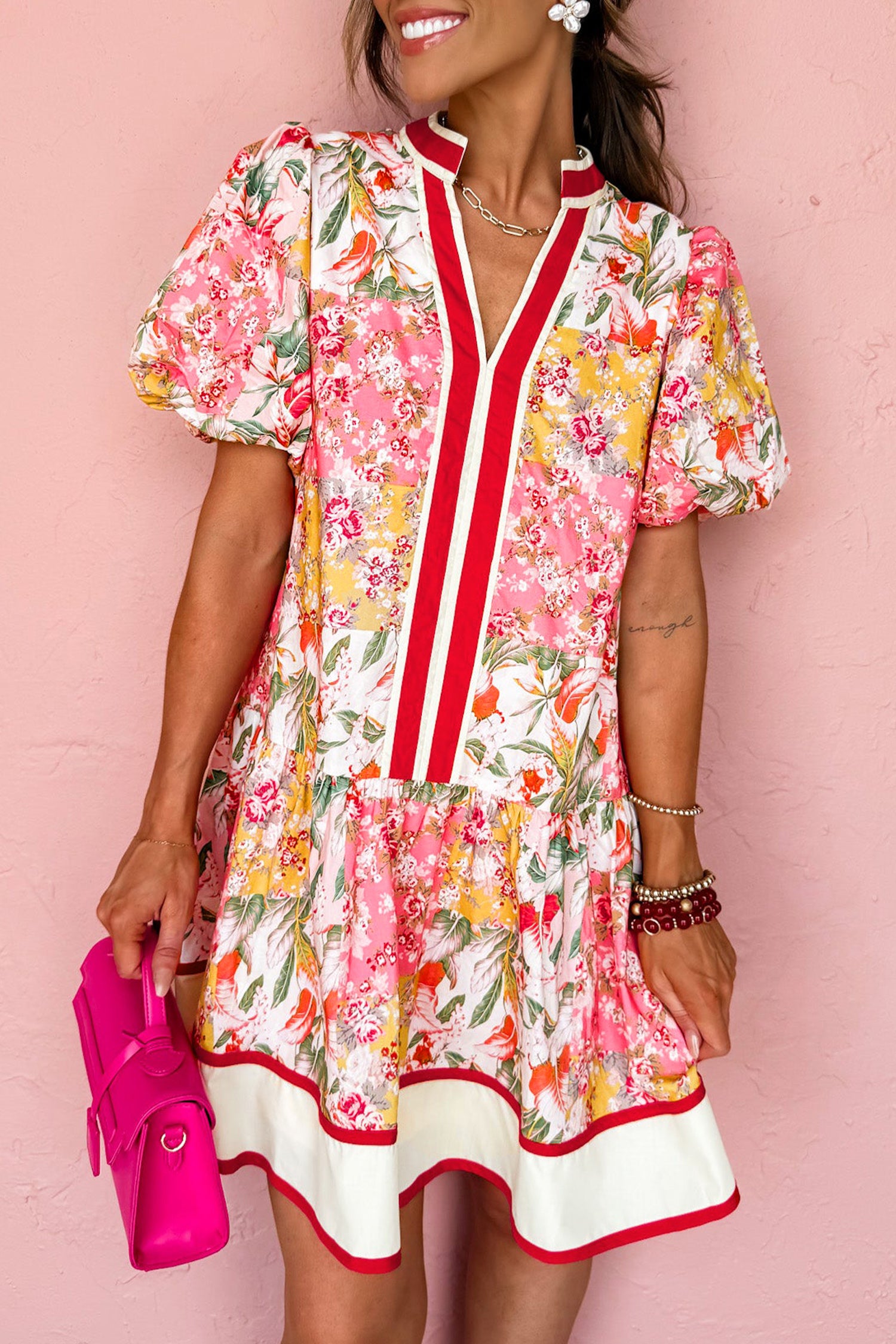 Pink Color Block Floral Print Contrast Trim V Neck Ruffle Hem Mini Dress