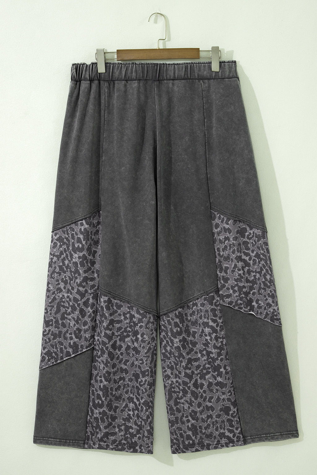 Dark Grey Plus Size Leopard Patchwork Mineral Wash Wide Leg Pants