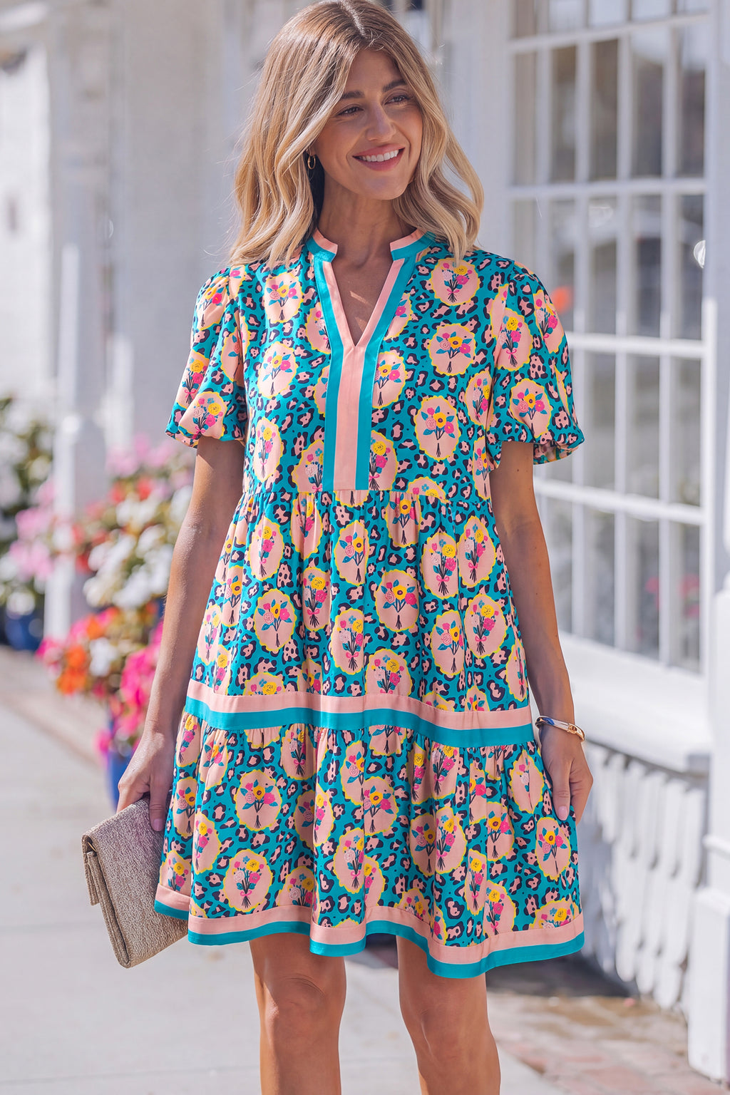 Green Leopard Floral Short Dress