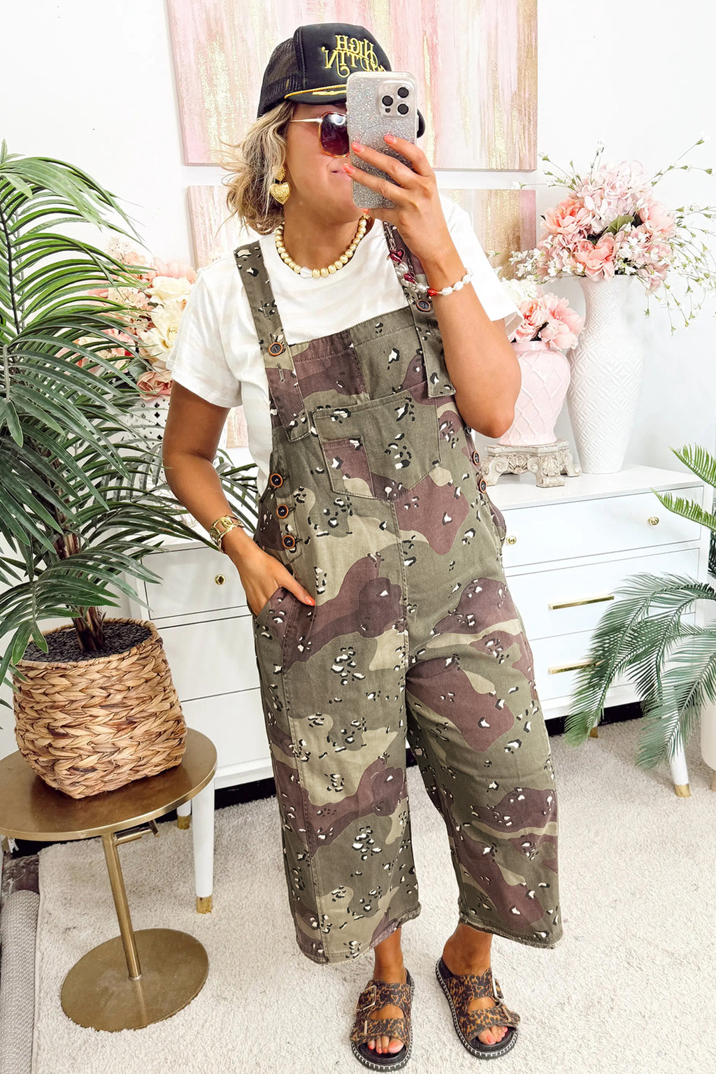Green Camouflage Print Leopard Detail Loose Denim Overall Cropped Jumpsuit