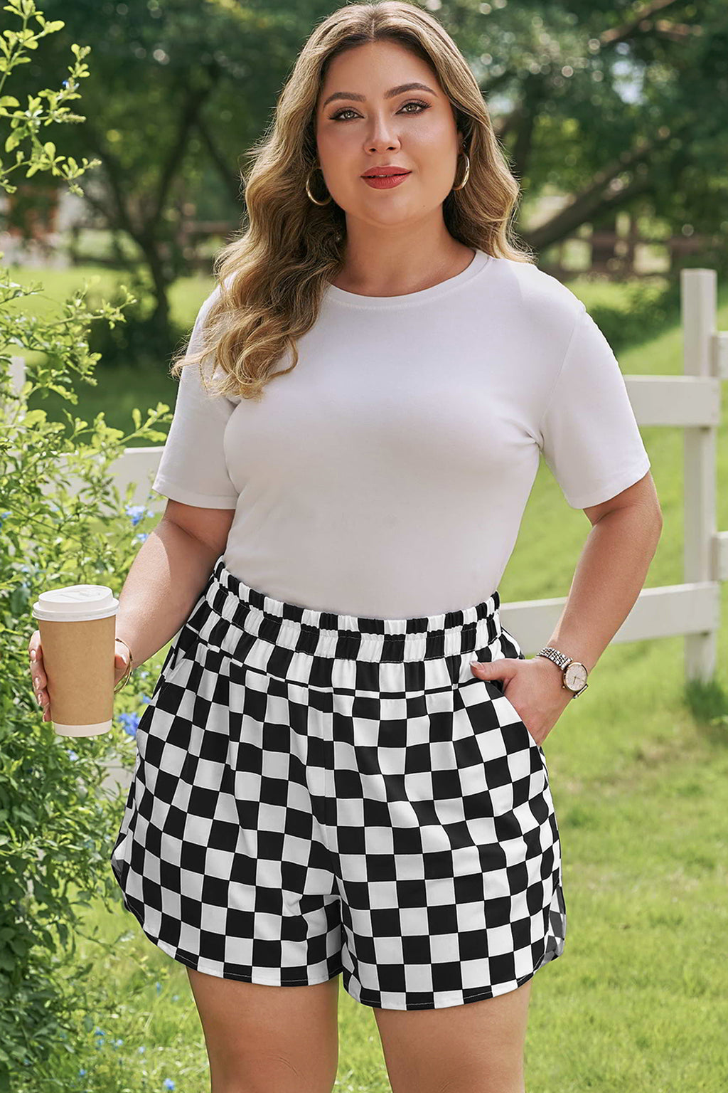 Black Plus Size Checkered Athleisure Shorts