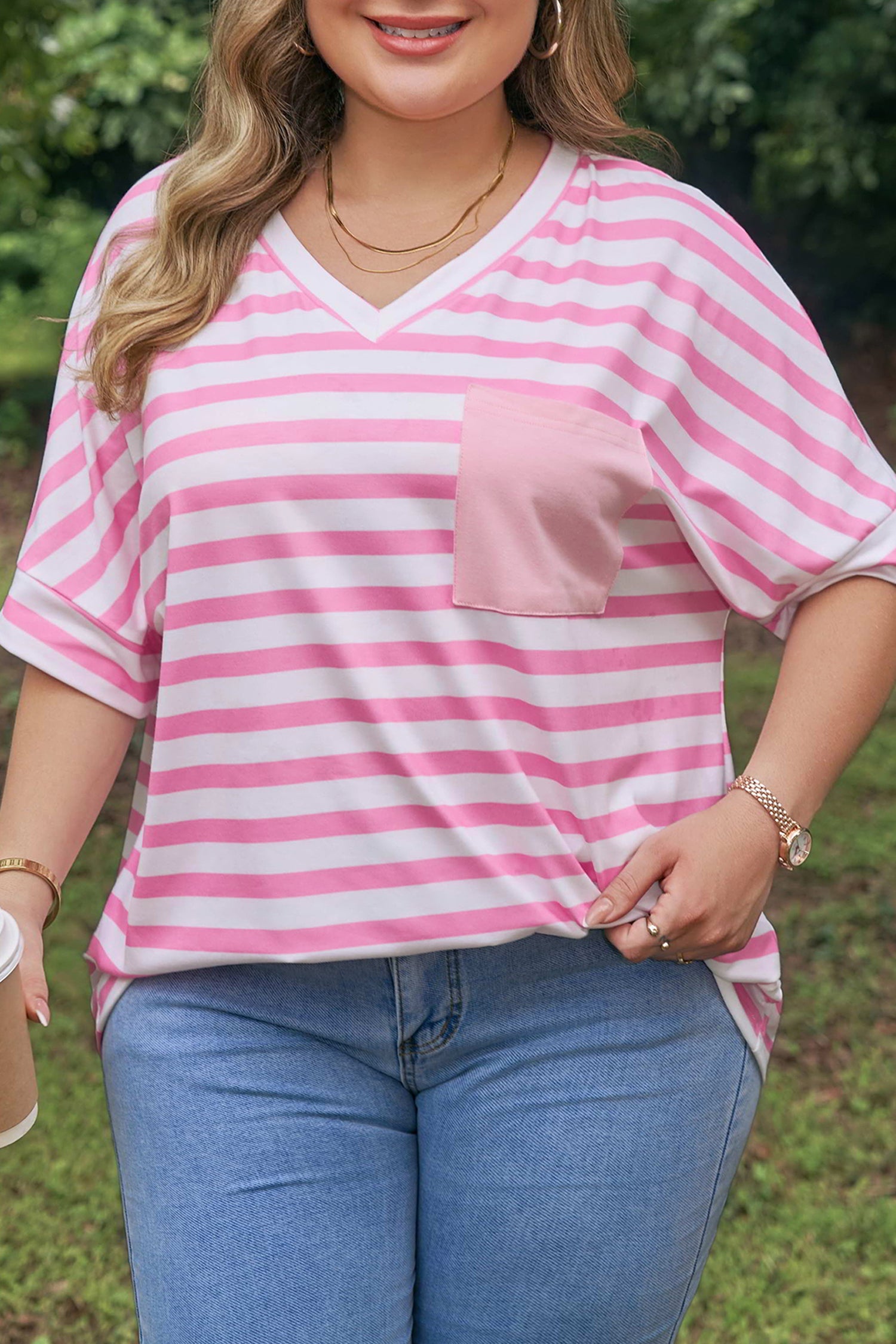 Pink Stripe Colorblock Patched Pocket V Neck Plus Size Tee