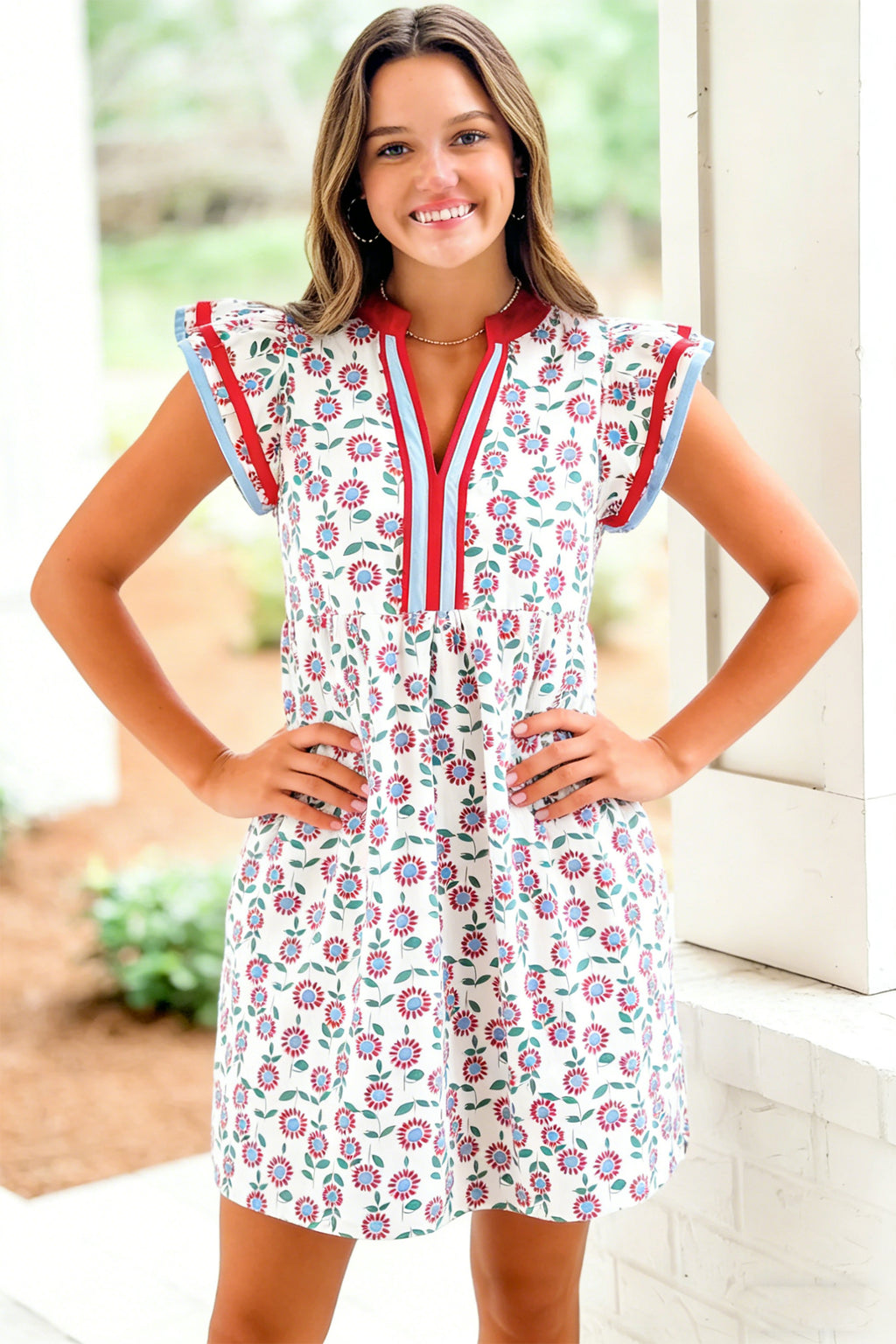Sky Blue Floral Print Contrast Trim Flutter Sleeve Mini Dress