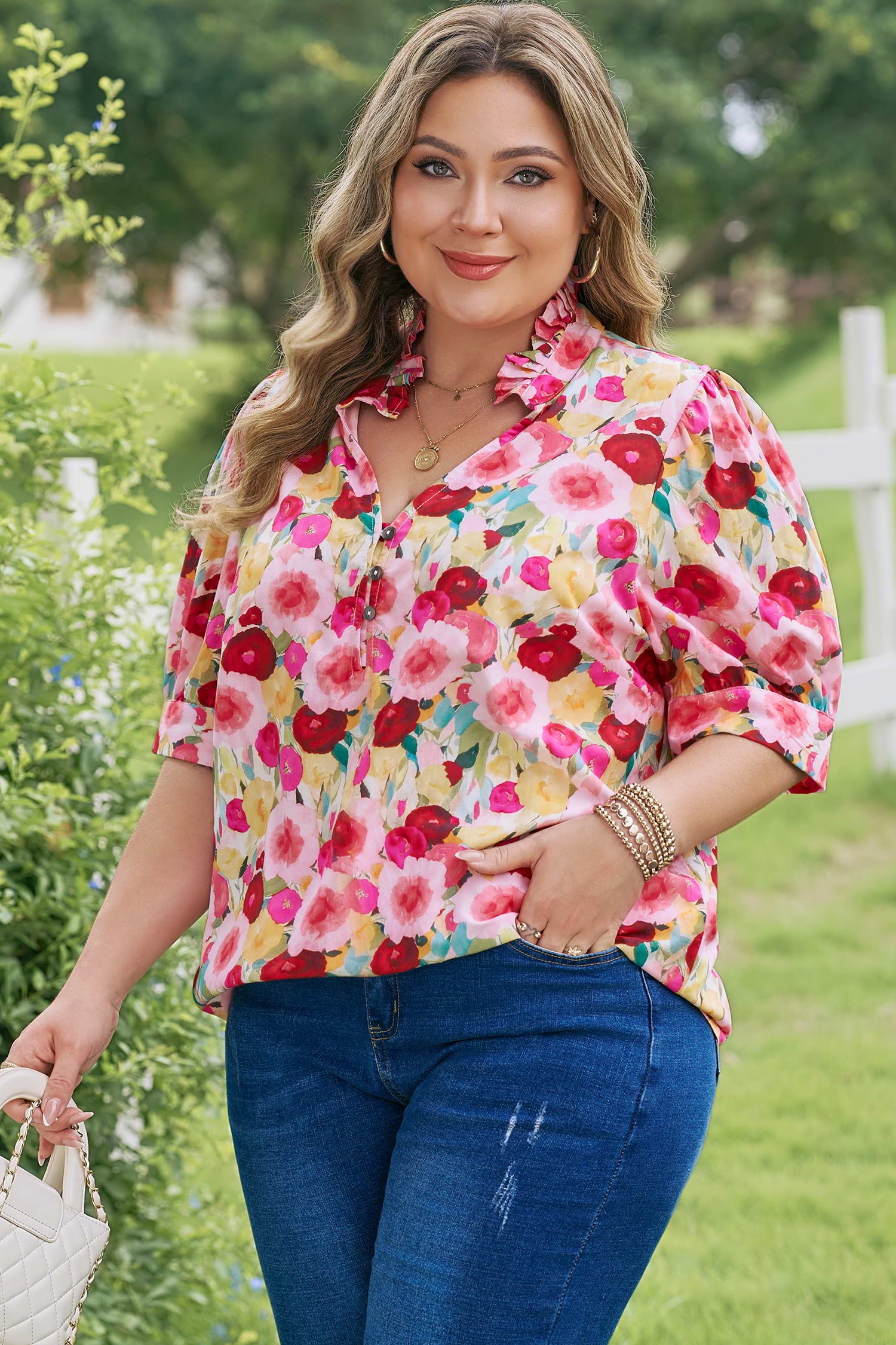 Pink Plus Size Flower Print Split V Neck Puff Short Sleeve Top