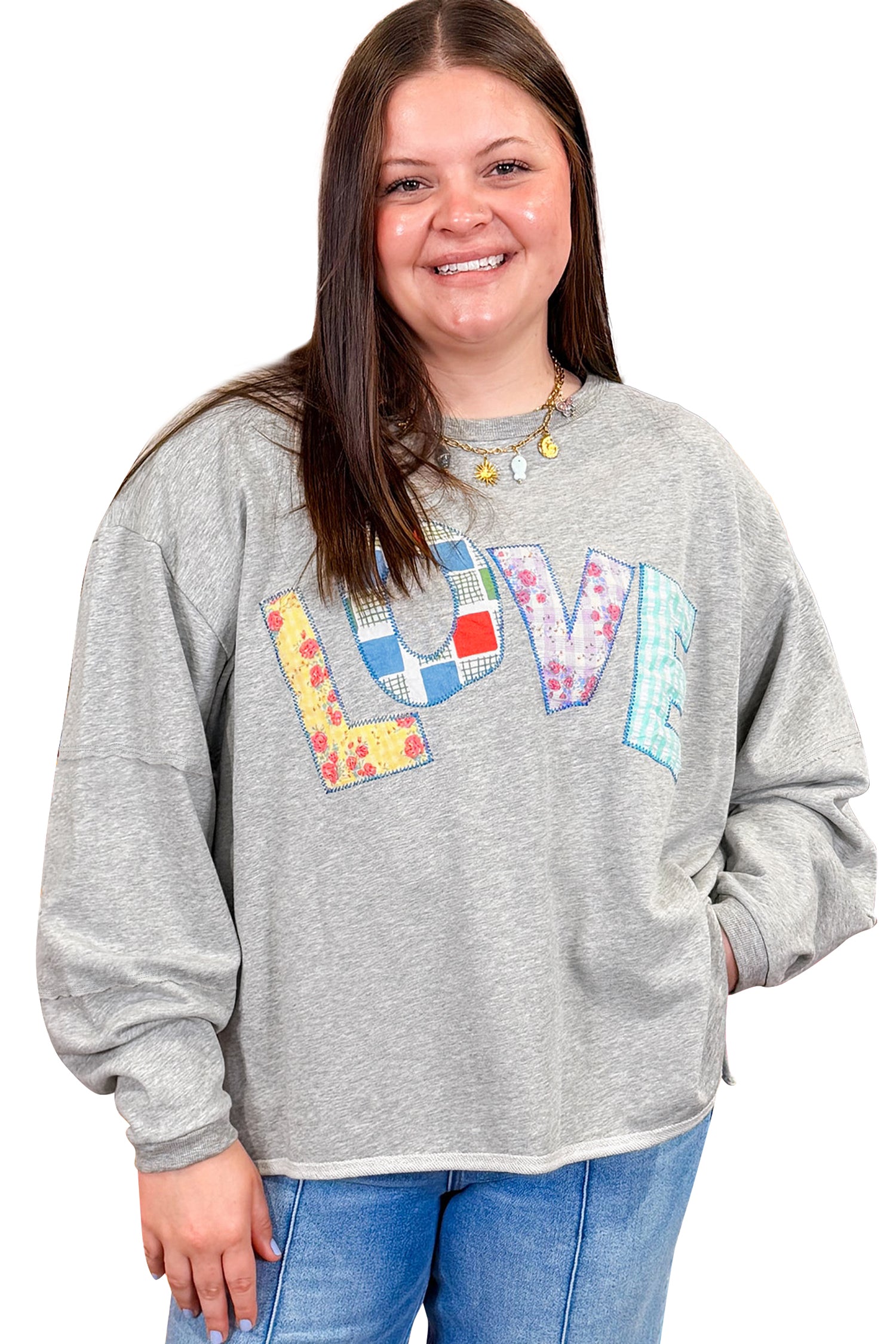 Light Grey Long Sleeve Patch Embroidery Tunic Plus Size Blouse