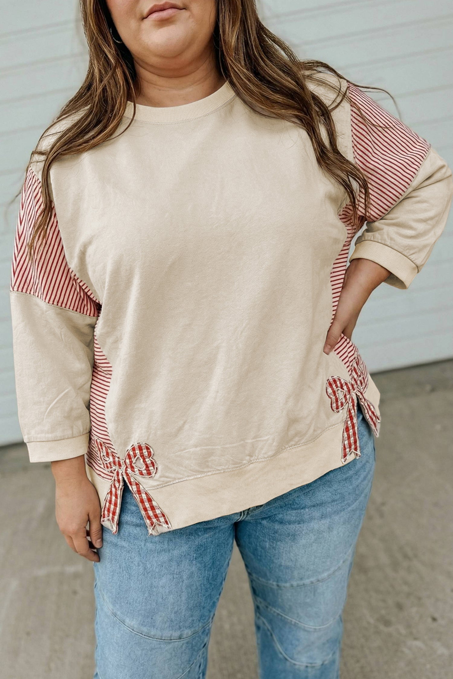 Parchment Striped Colorblock Patchwork Bow Detail Bracelet Sleeve Plus Size Top