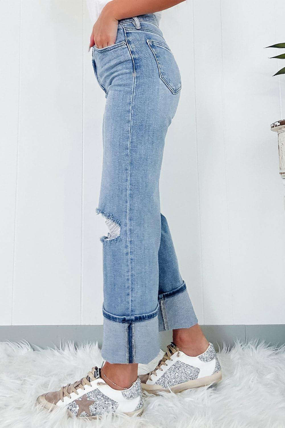 Dusk Blue High Rise Asymmetrisk Button Zip Fly Ripped Jeans