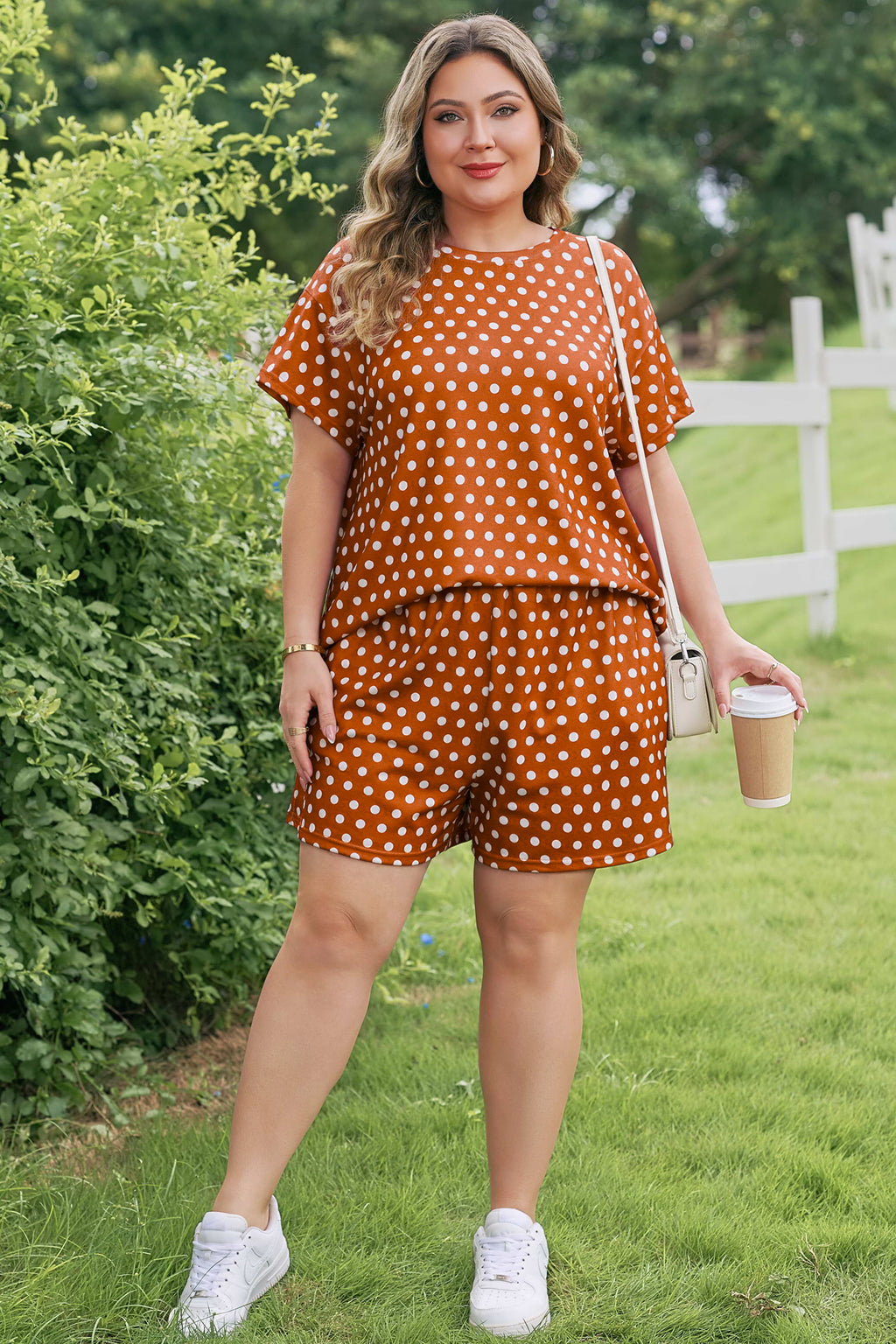 Brown Polka Dot Print Dropped Shoulder Tee Plus Size Short Set