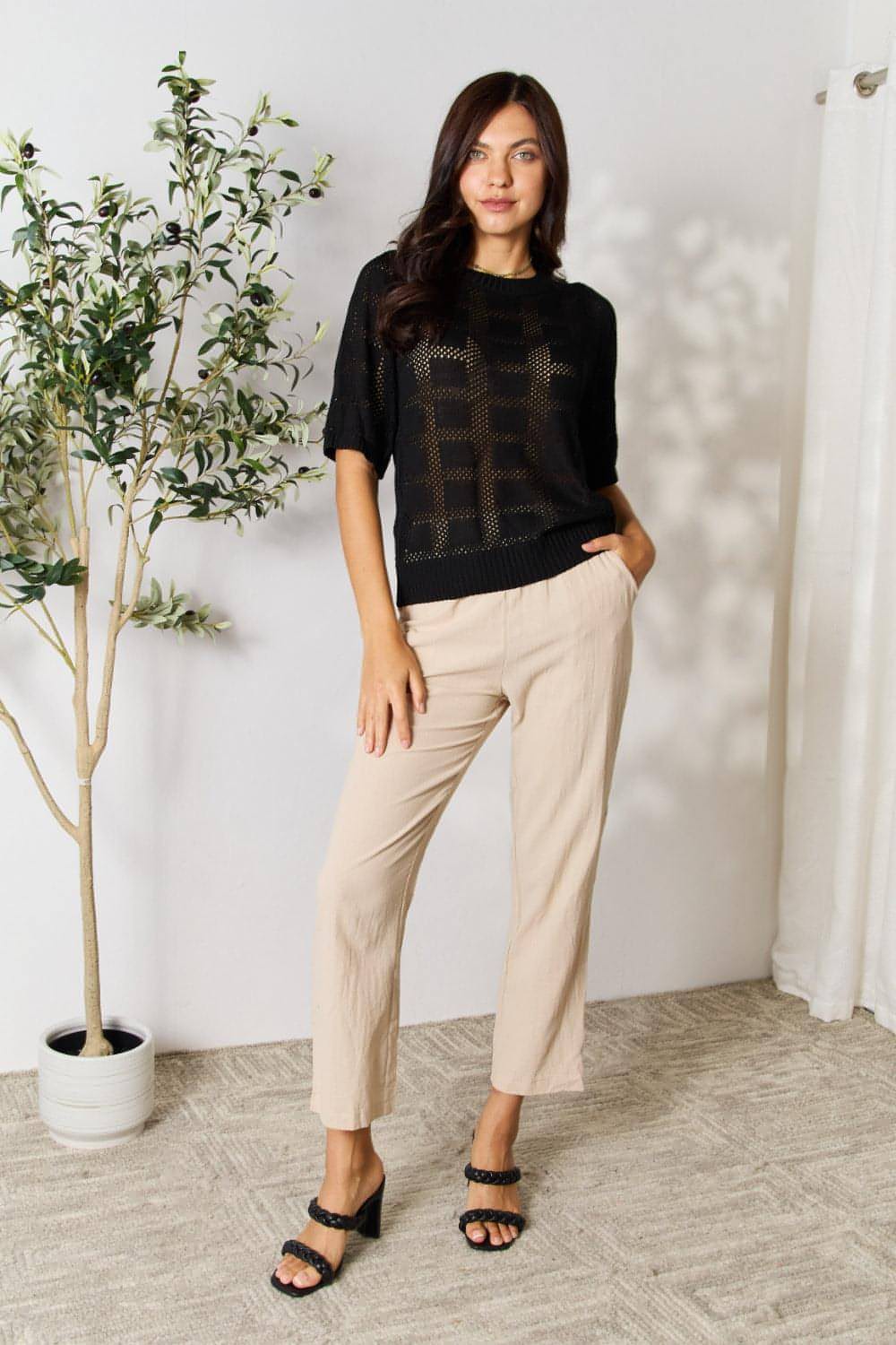 Top de punto con cuello redondo y ribete acanalado Mandy